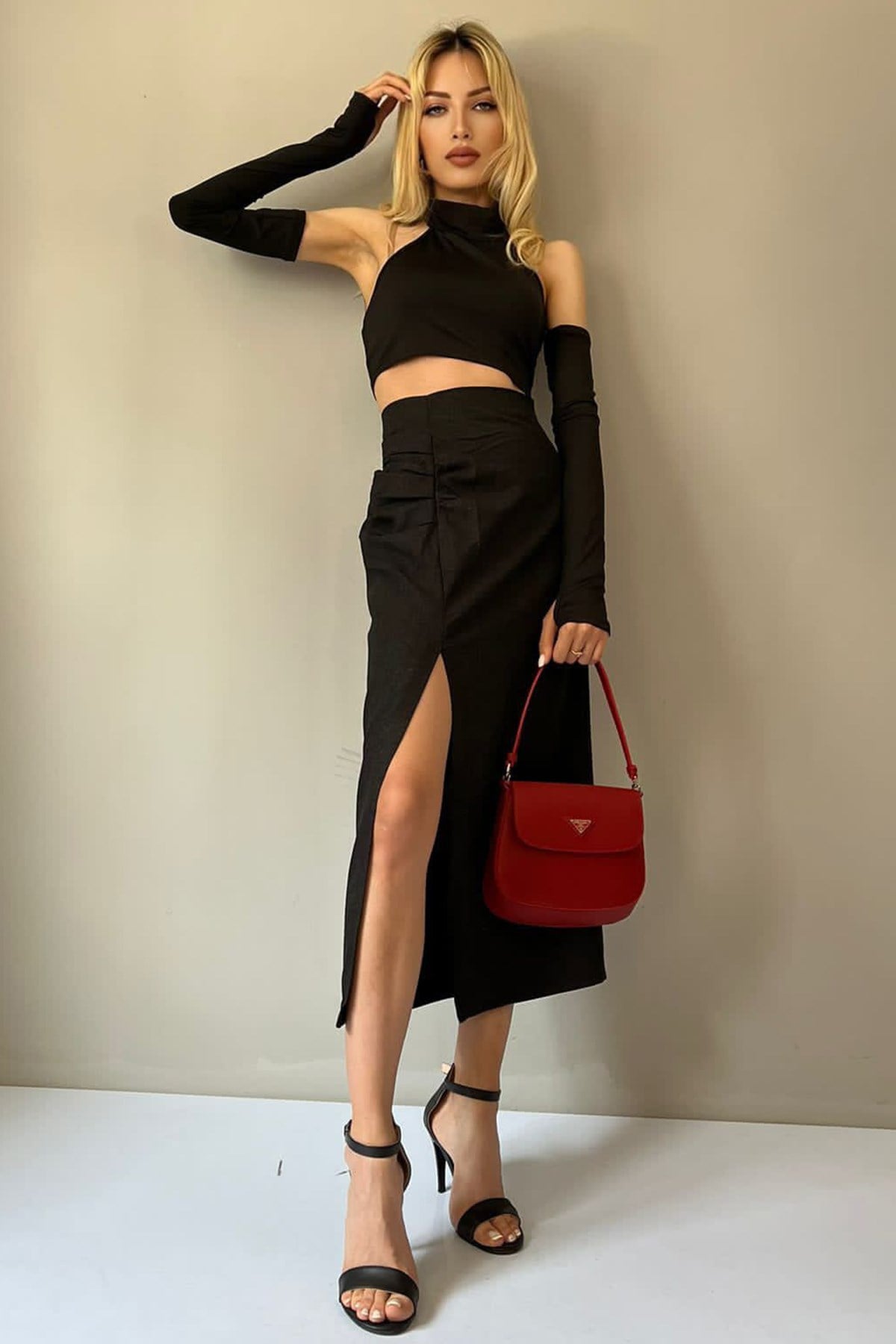 Siyah Basic Midi Boy Büzgülü Keten Etek MG1540
