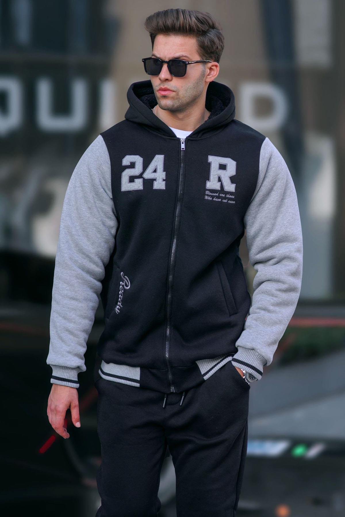 Siyah Baskılı Fermuarlı Erkek Sweatshirt 6155