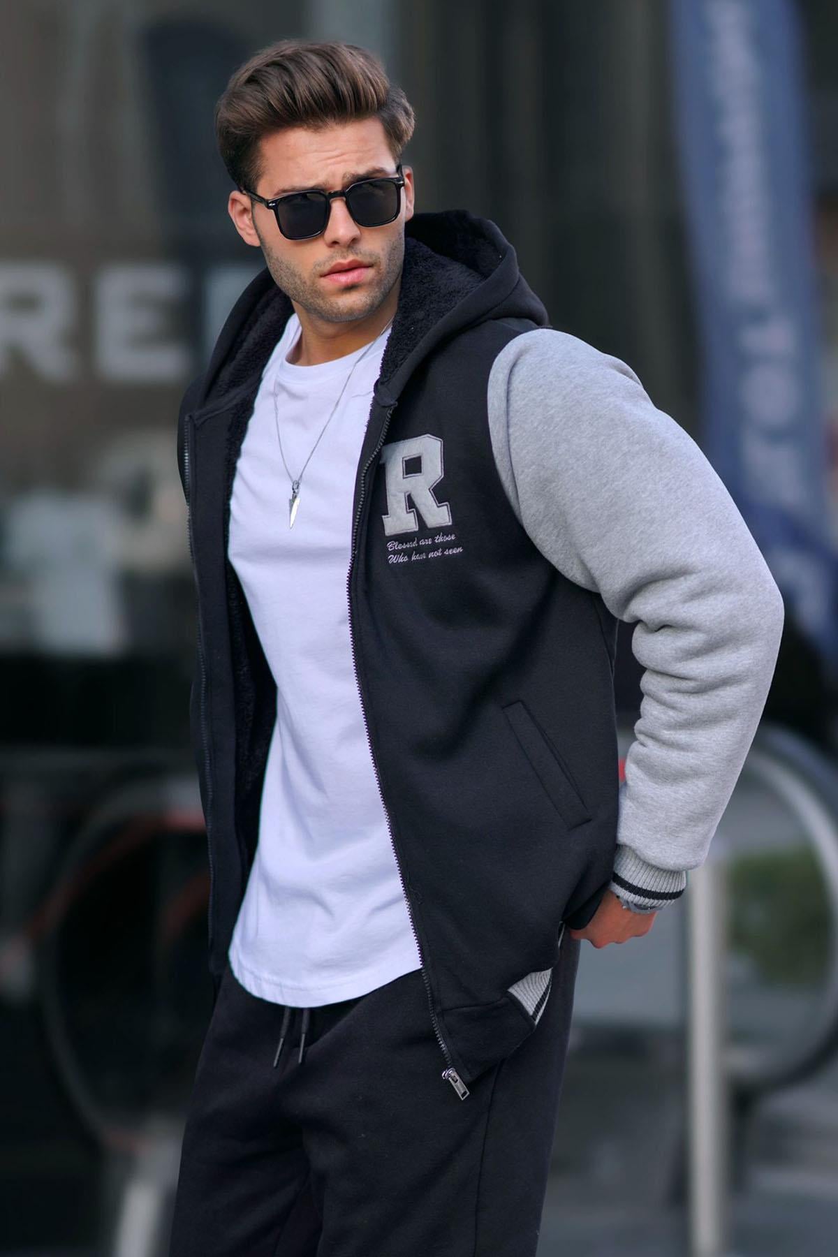 Siyah Baskılı Fermuarlı Erkek Sweatshirt 6155