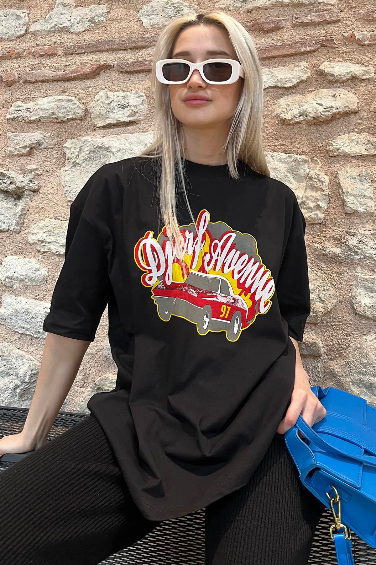 Siyah Baskılı Oversize Kadın Tişört MG1836