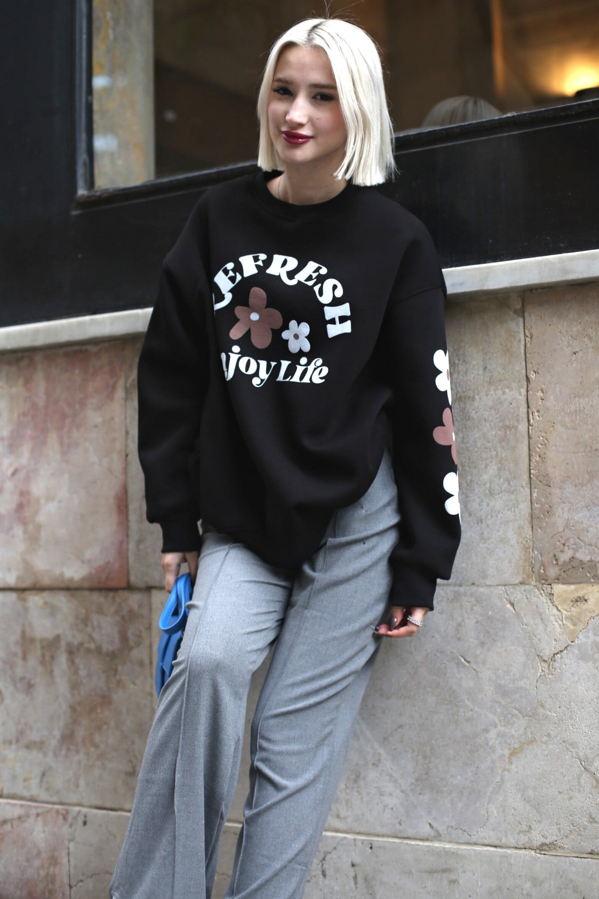 Siyah Bisiklet Yaka Baskılı Sweatshirt MG1572