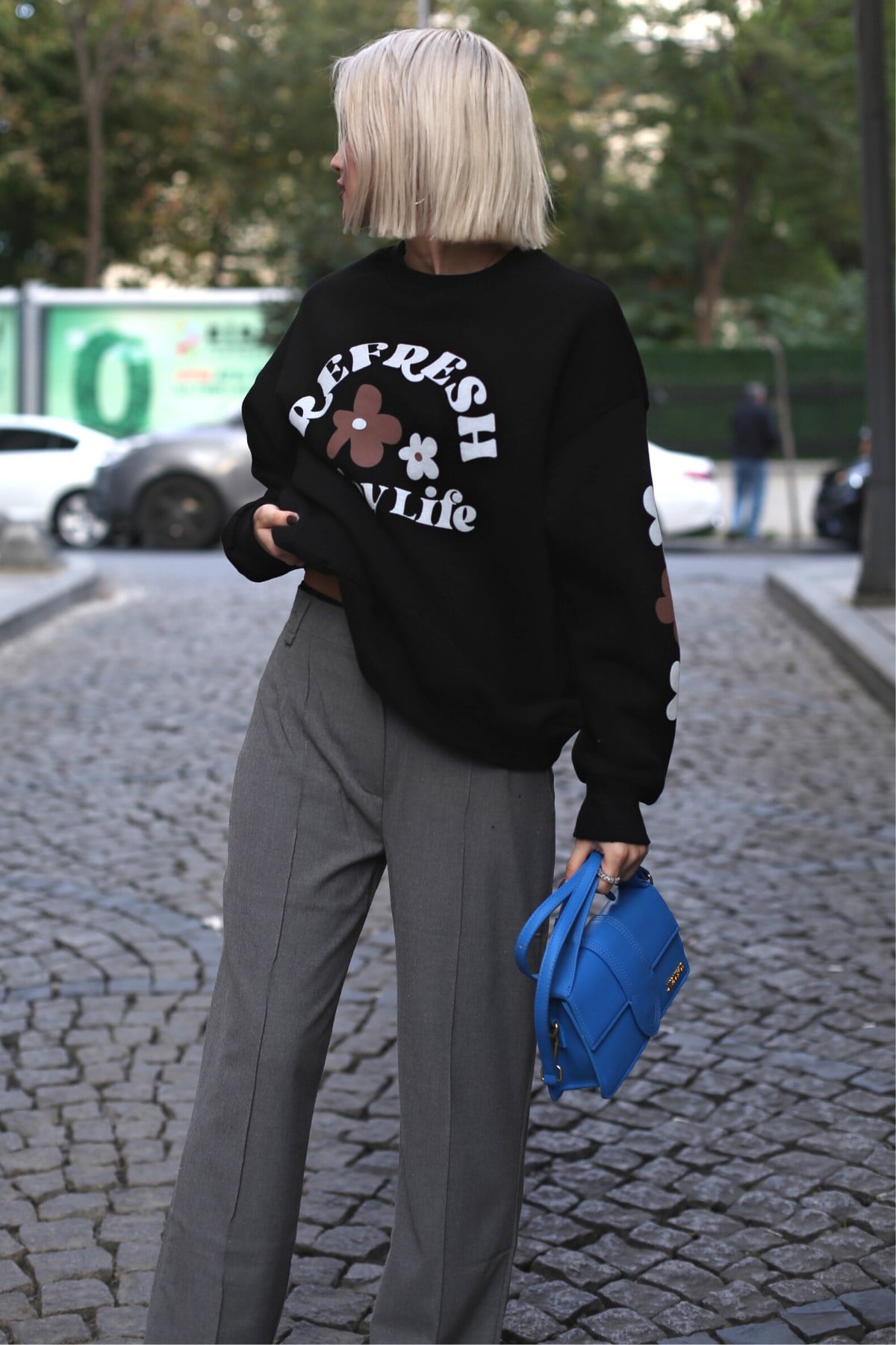 Siyah Bisiklet Yaka Baskılı Sweatshirt MG1572