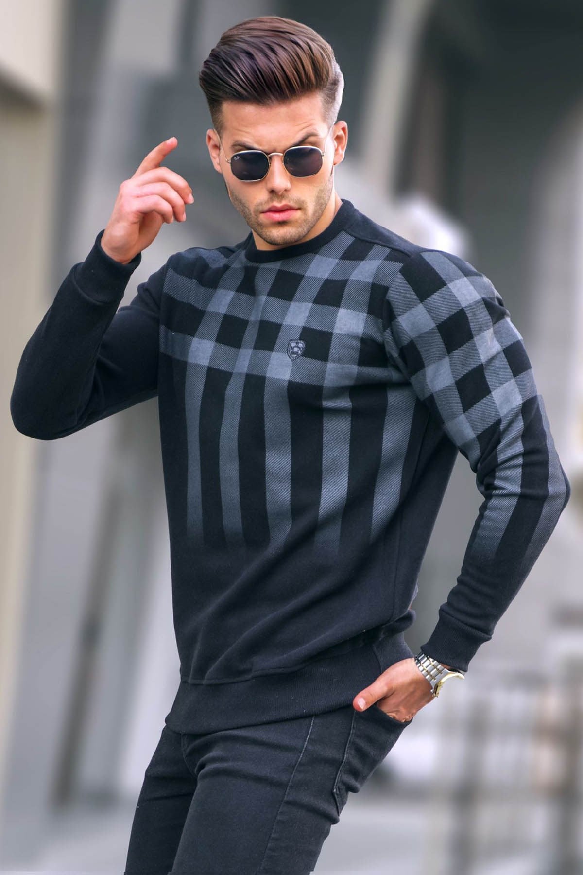 Siyah Bisiklet Yaka Baskılı Sweatshirt 6031