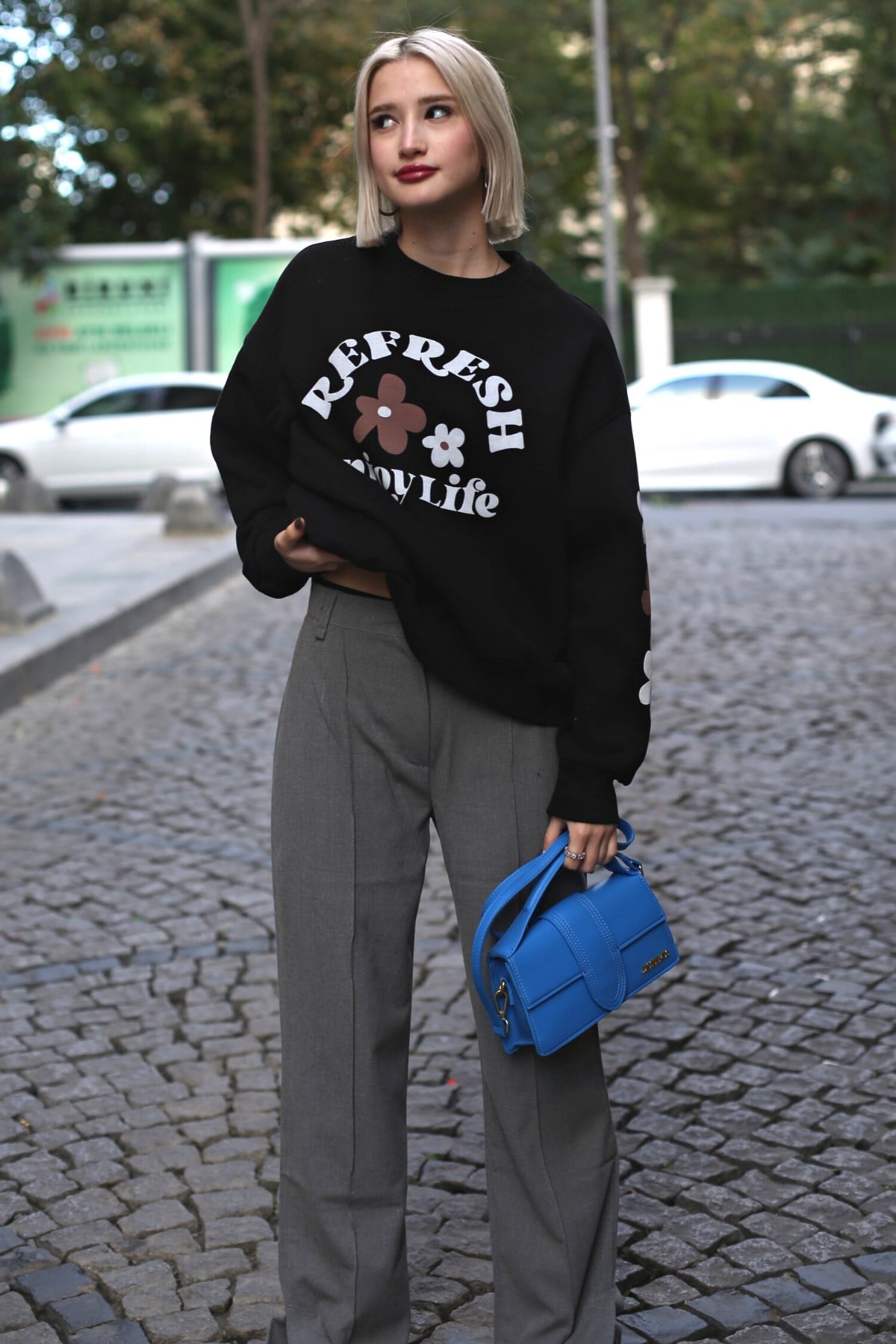 Siyah Bisiklet Yaka Baskılı Sweatshirt MG1572