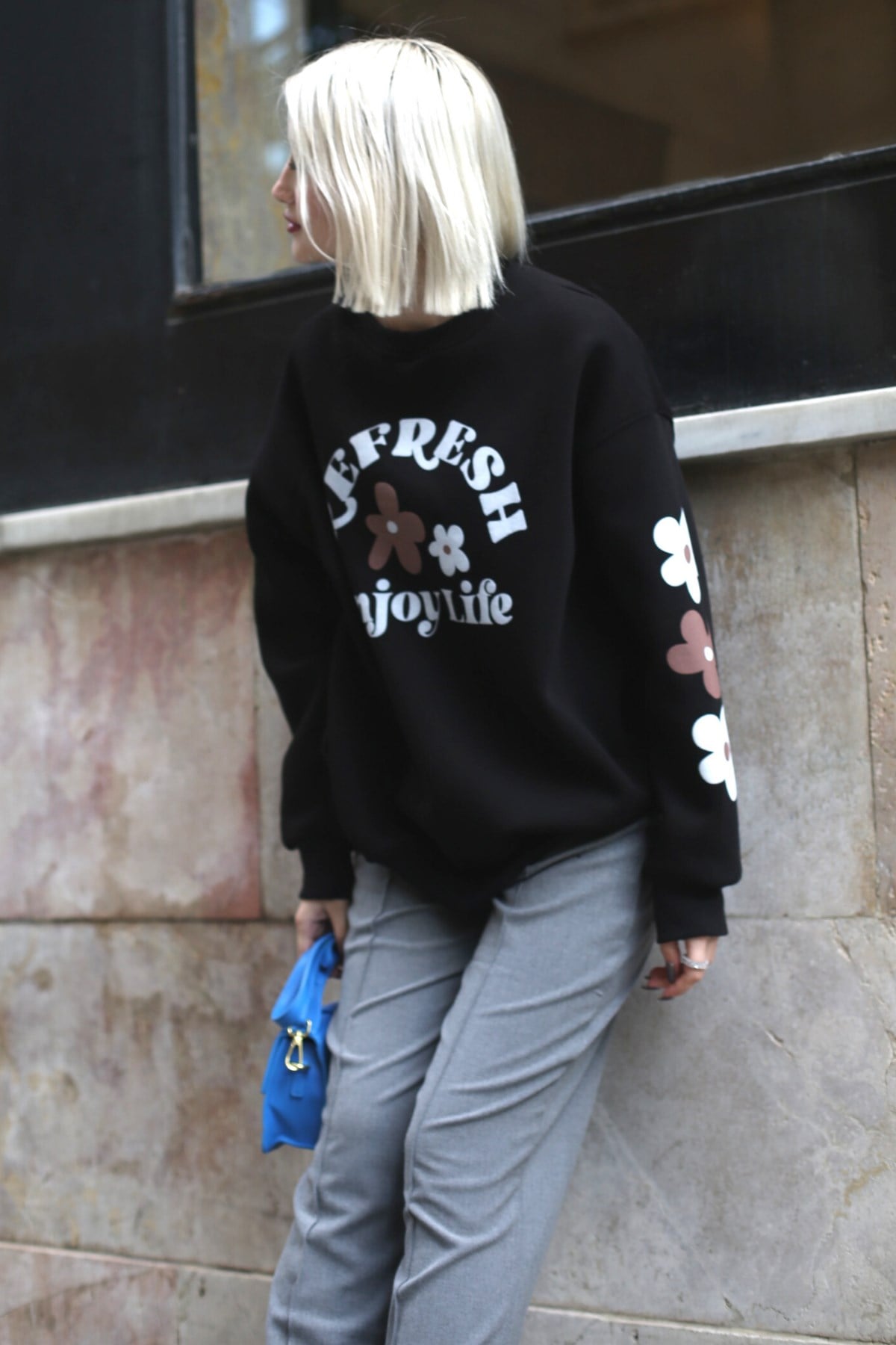 Siyah Bisiklet Yaka Baskılı Sweatshirt MG1572