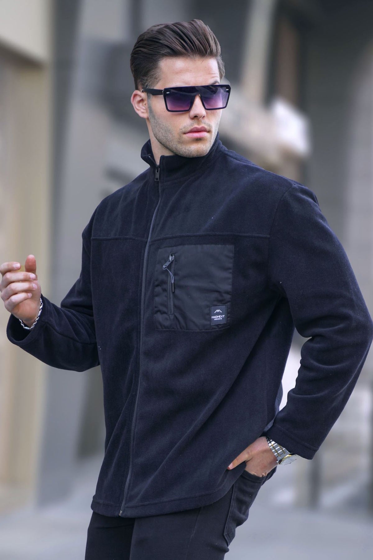 Siyah Cep Detaylı Fermuarlı Polar Sweatshirt  6046