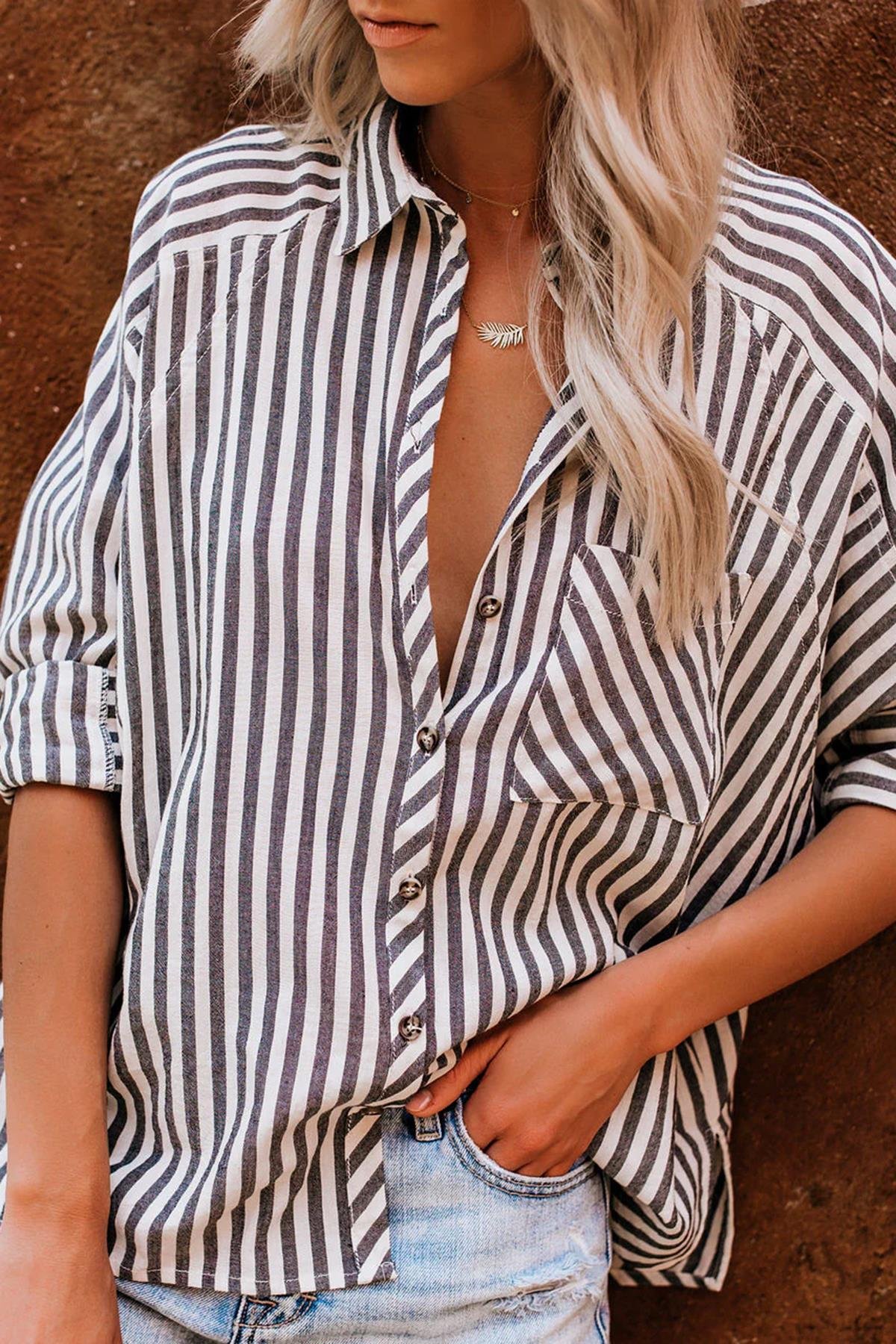 Siyah Çizgili Oversize Kadın Gömlek MG1729