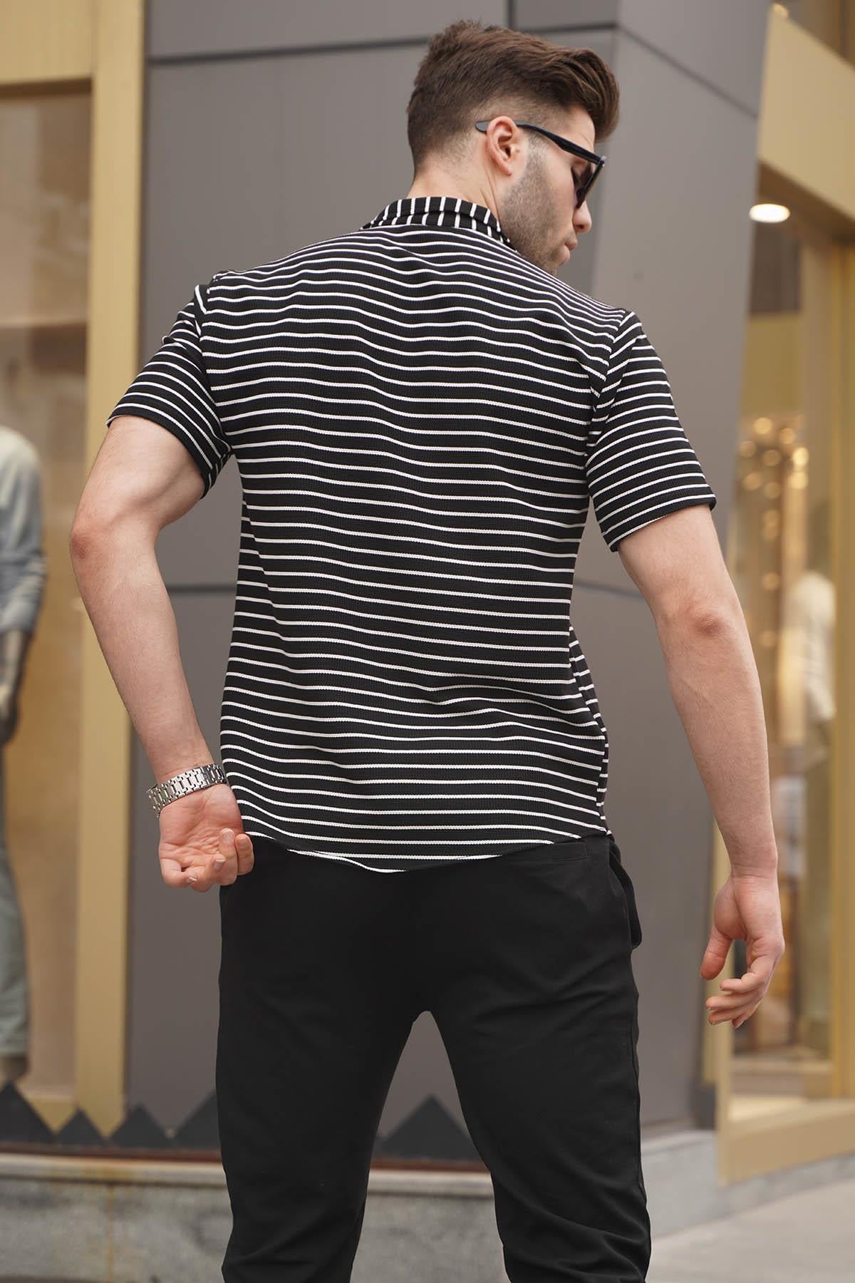 Siyah Çizgili Slim Fit Erkek Kısa Kol Gömlek 5591