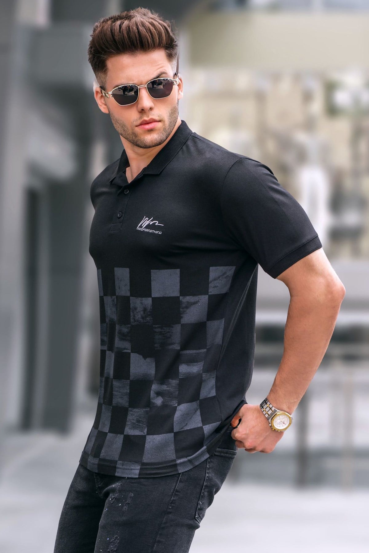 Siyah Desenli Erkek Polo Yaka Tişört 5867