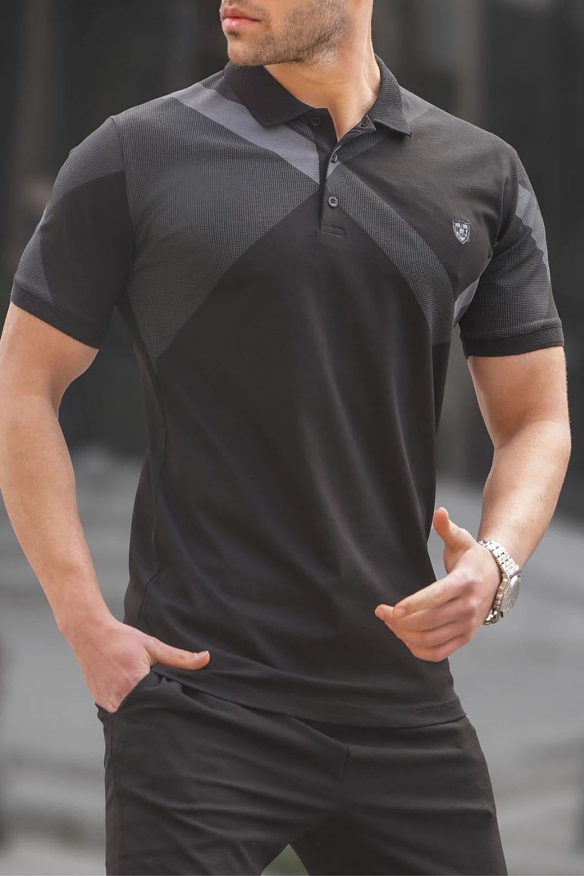 Siyah Desenli Polo Yaka Erkek Tişört 6081