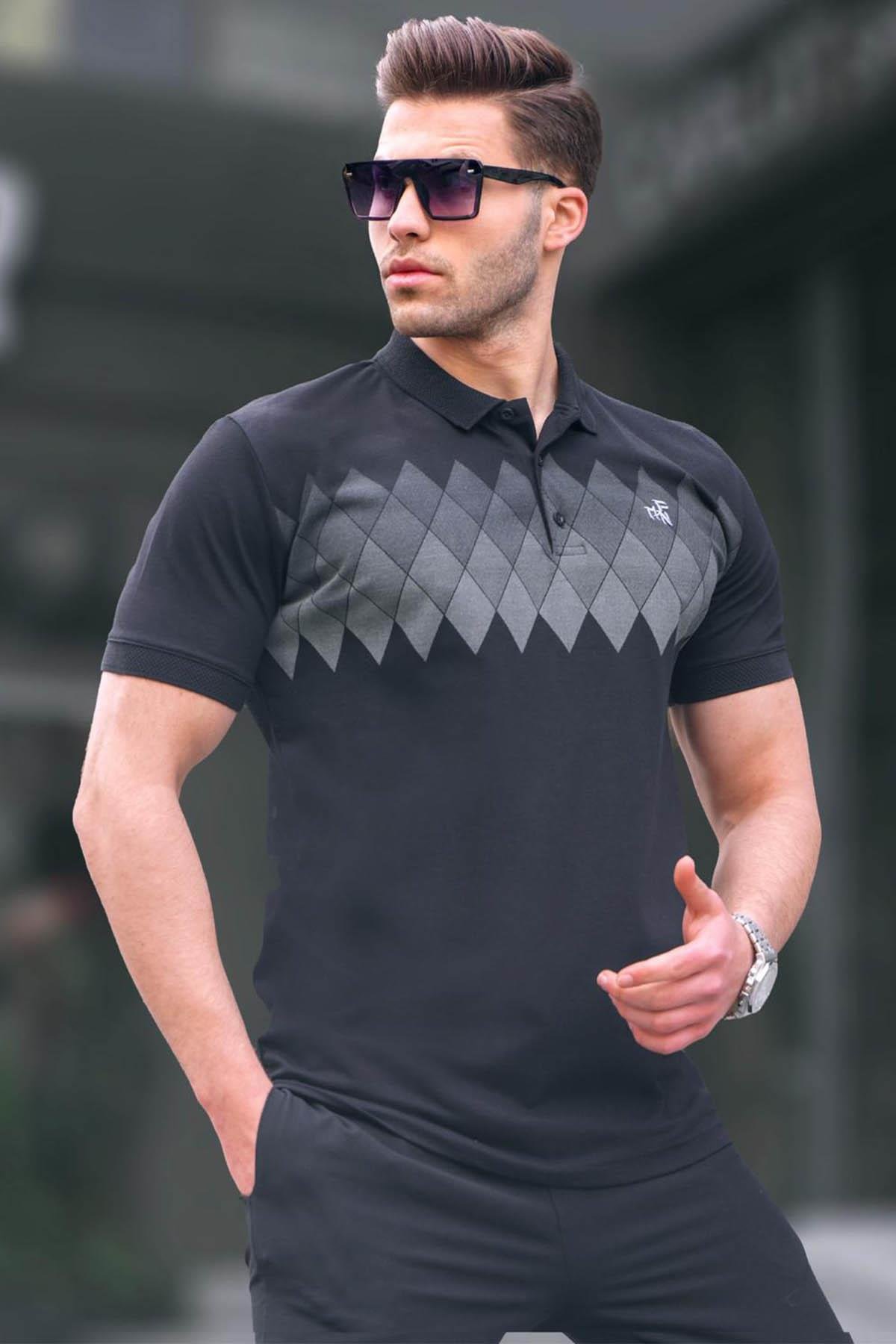 Siyah Desenli Polo Yaka Erkek Tişört 6106