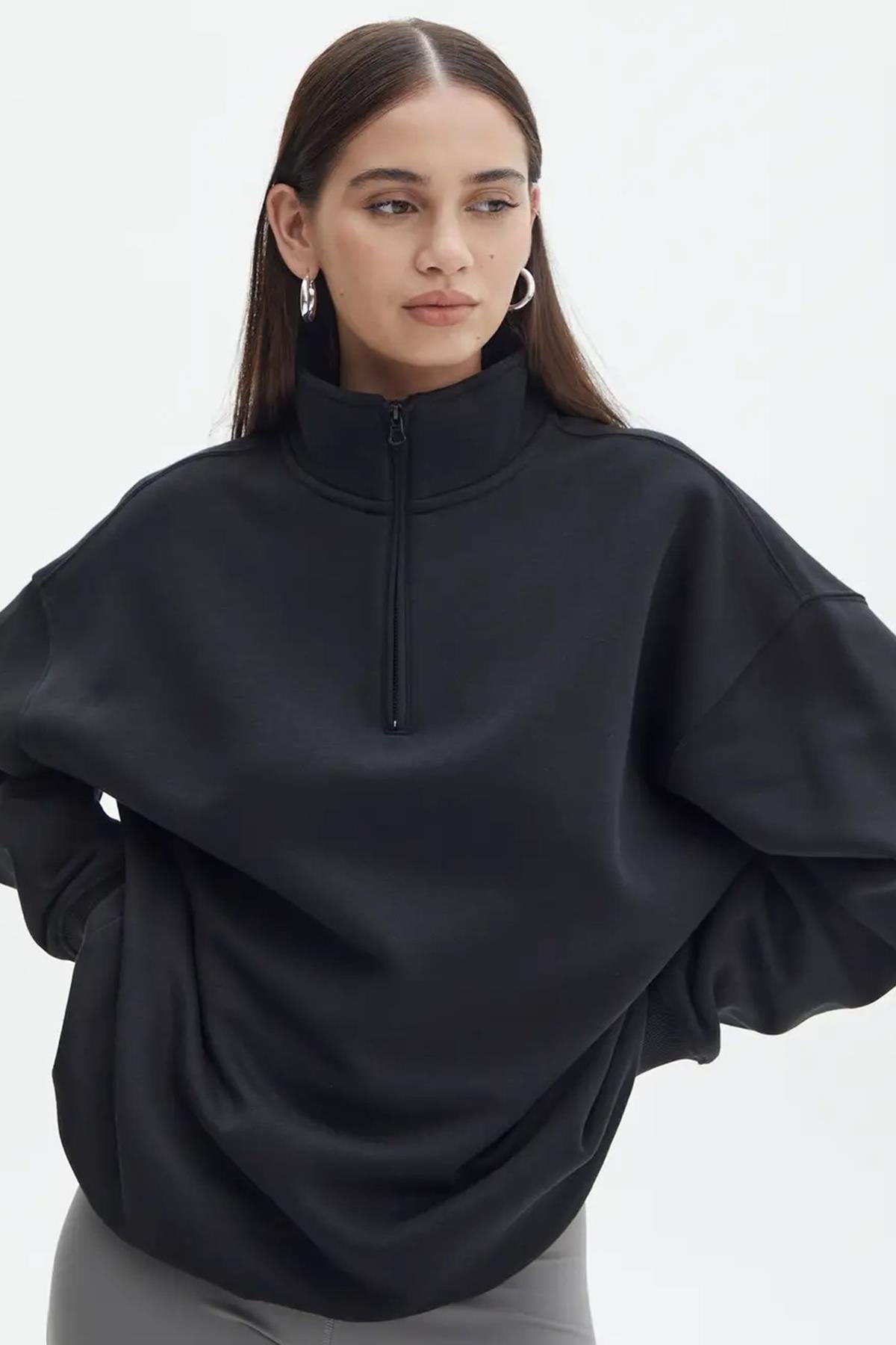Siyah Fermuar Detaylı Oversize Sweatshirt MG1933