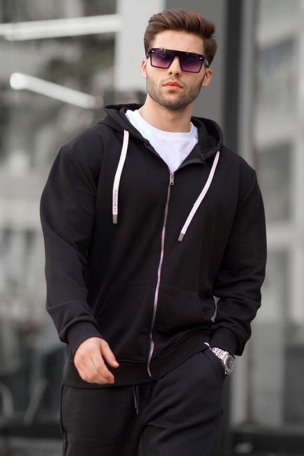 Siyah Fermuarlı Kapüşonlu Sweatshirt 6161