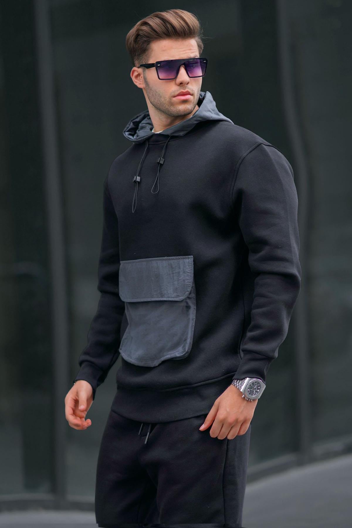 Siyah Kanguru Cep Kapüşonlu Erkek sweatshirt 6138