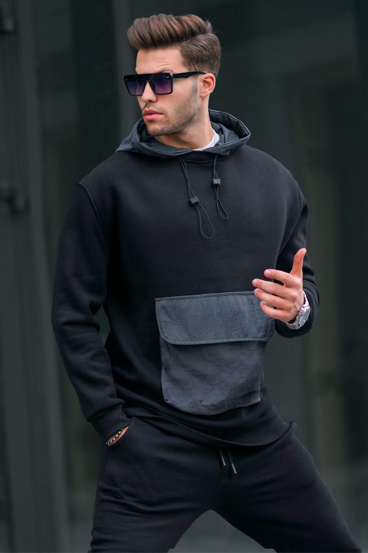 Siyah Kanguru Cep Kapüşonlu Erkek sweatshirt 6138
