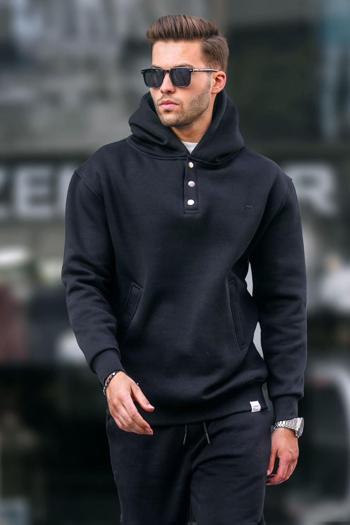 Siyah Kapüşonlu Düğme Detaylı Sweatshirt 6150