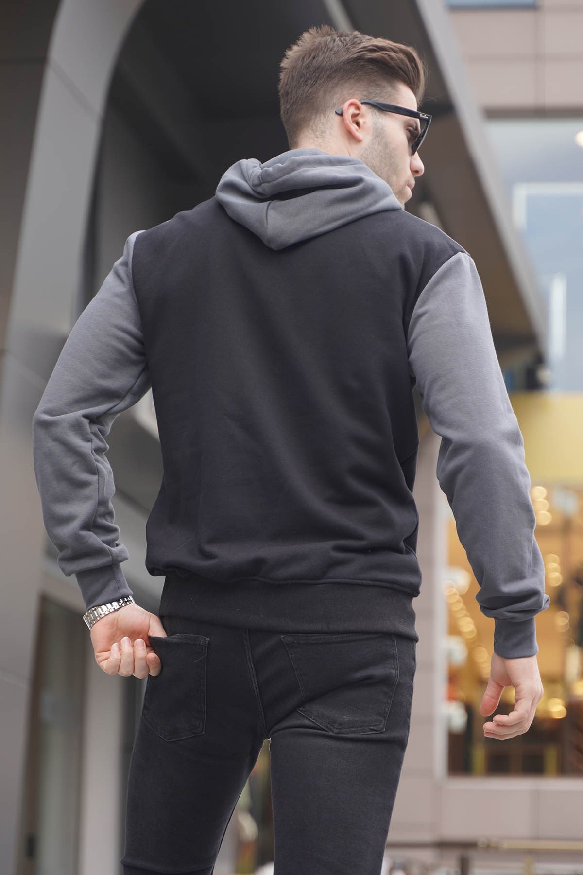 Siyah Kapüşonlu Renk Bloklu Erkek Sweatshirt 6024