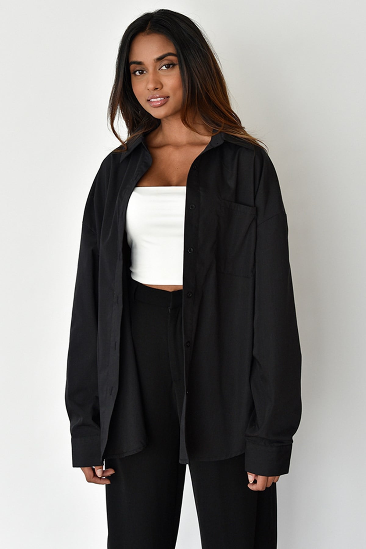Siyah Oversize Basic Cepli Gömlek MG1528