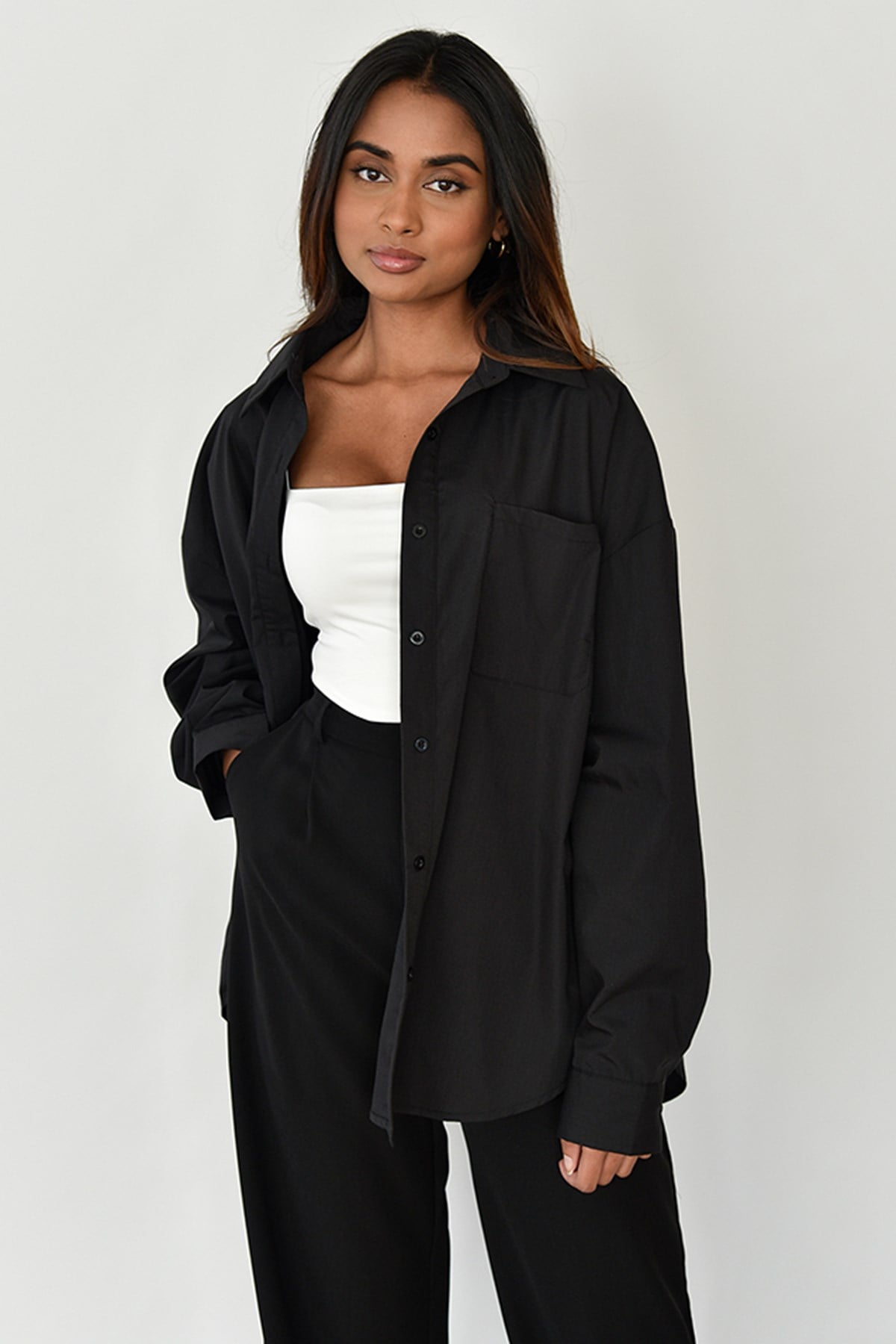 Siyah Oversize Basic Cepli Gömlek MG1528