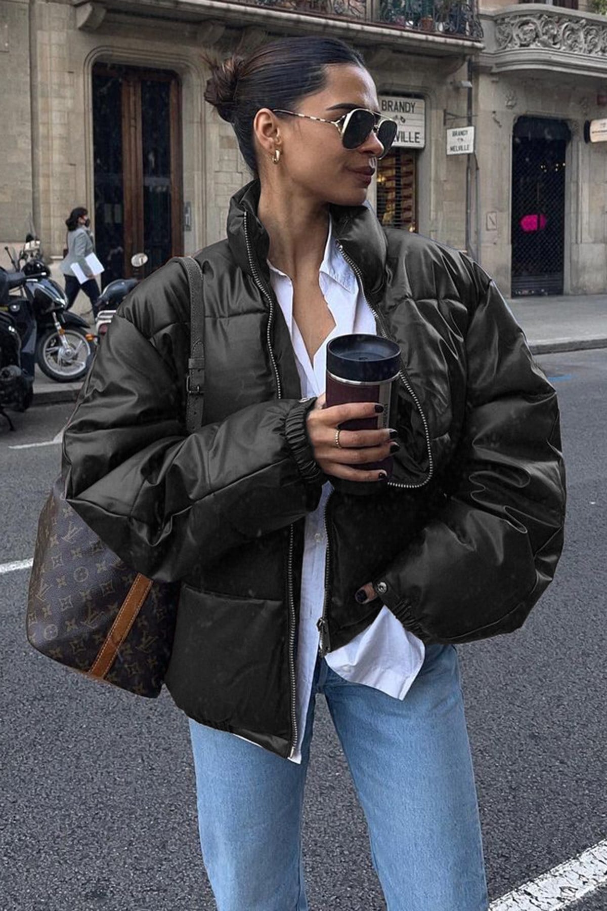 Siyah Oversize Basic Deri Mont MG1387