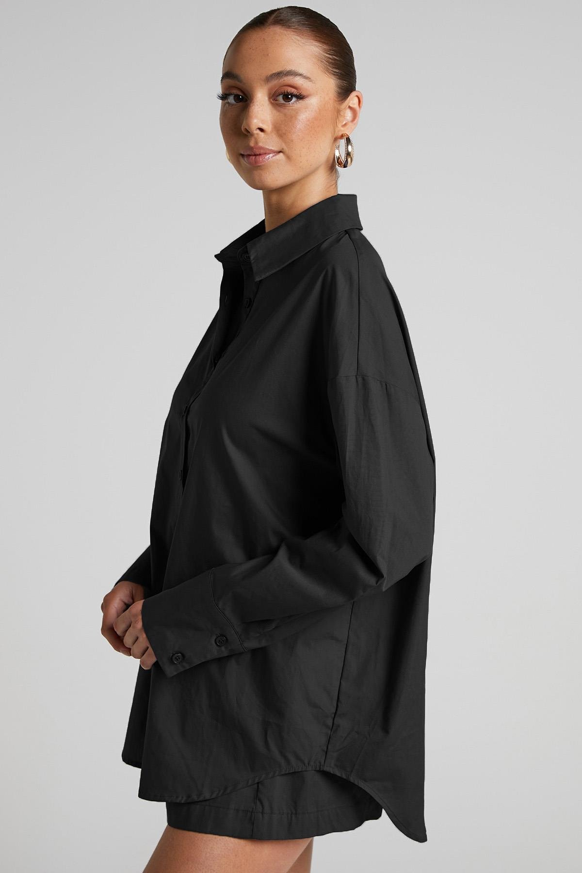 Siyah Oversize Basic Kadın Gömlek MG1794