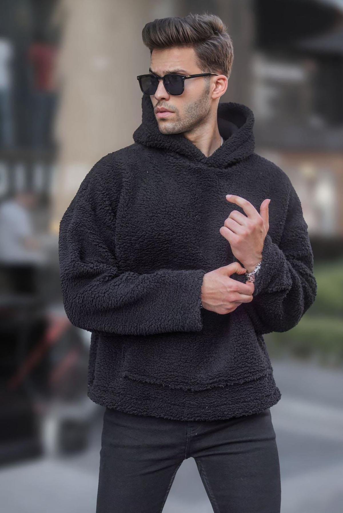 Siyah Oversize Peluş Erkek Sweatshirt 6160