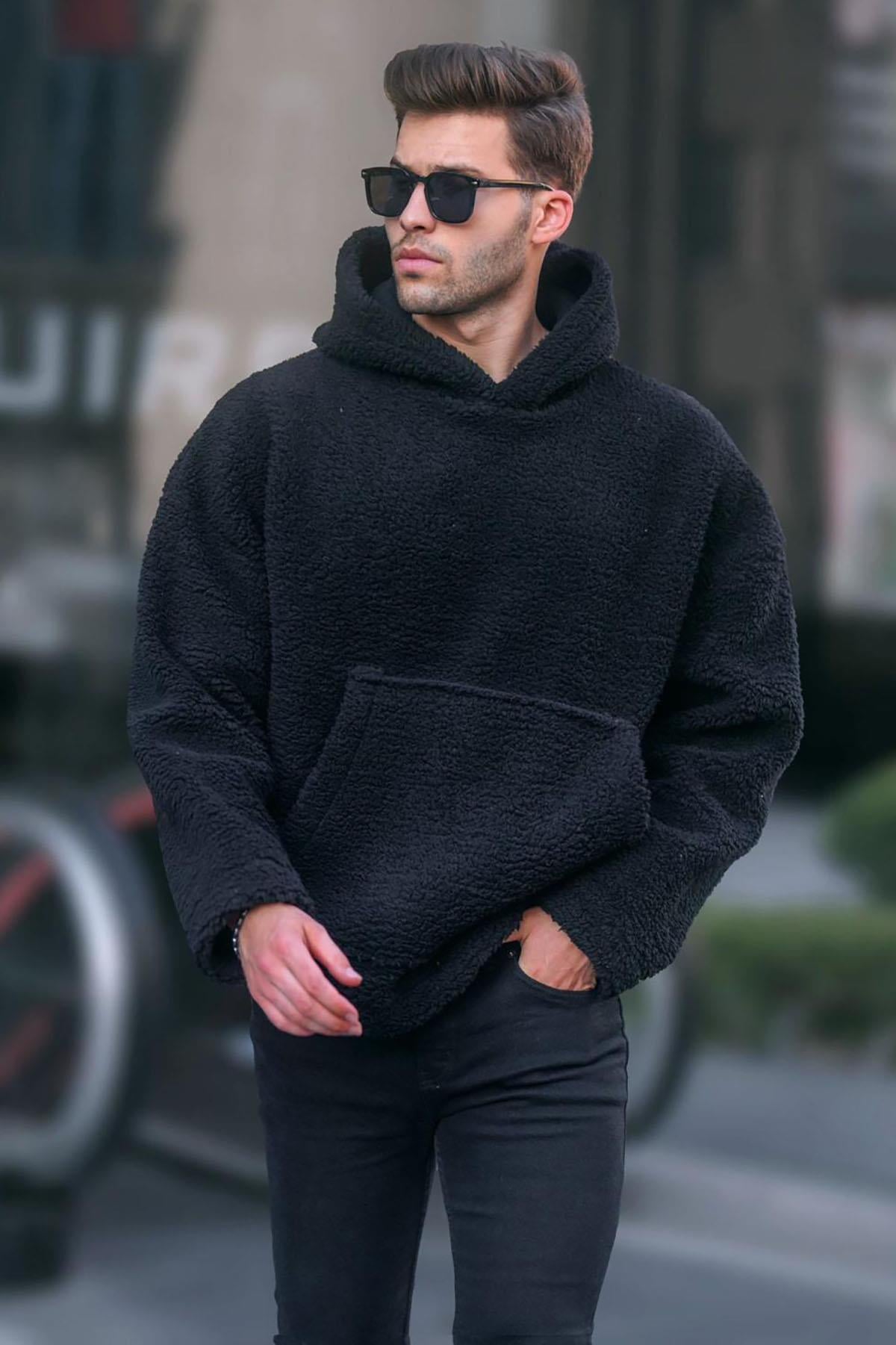 Siyah Oversize Peluş Erkek Sweatshirt 6160