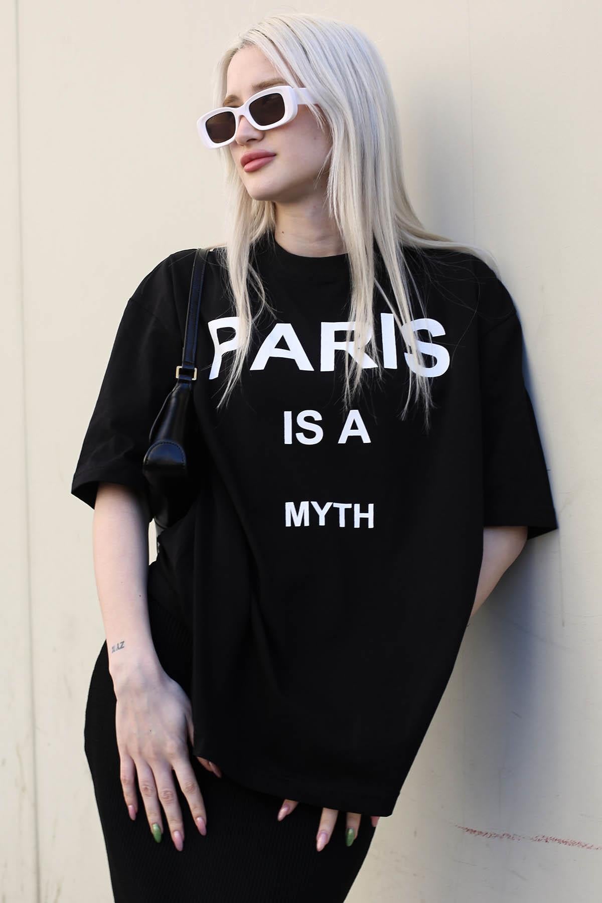 Siyah Paris Baskılı Kadın Tişört MG1654