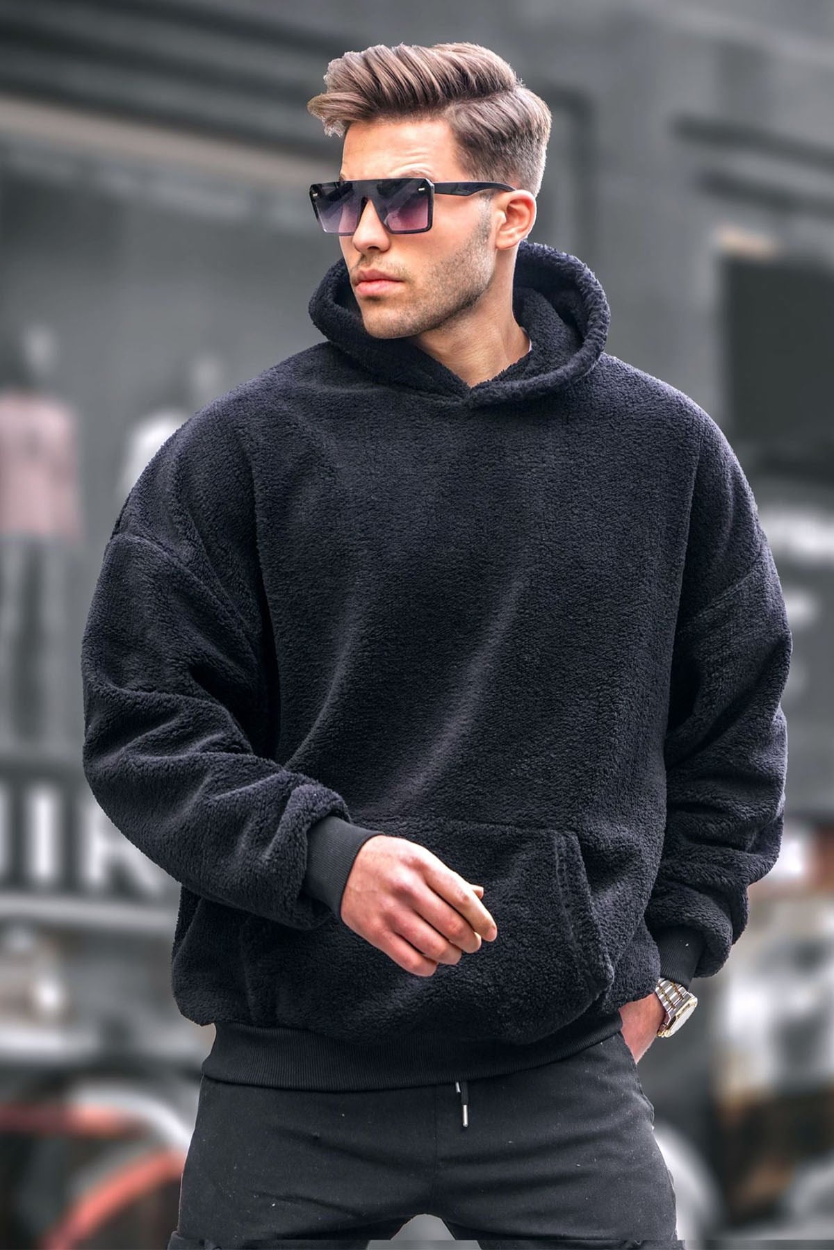 Siyah Peluş Kapüşonlu Erkek Sweatshirt 6050
