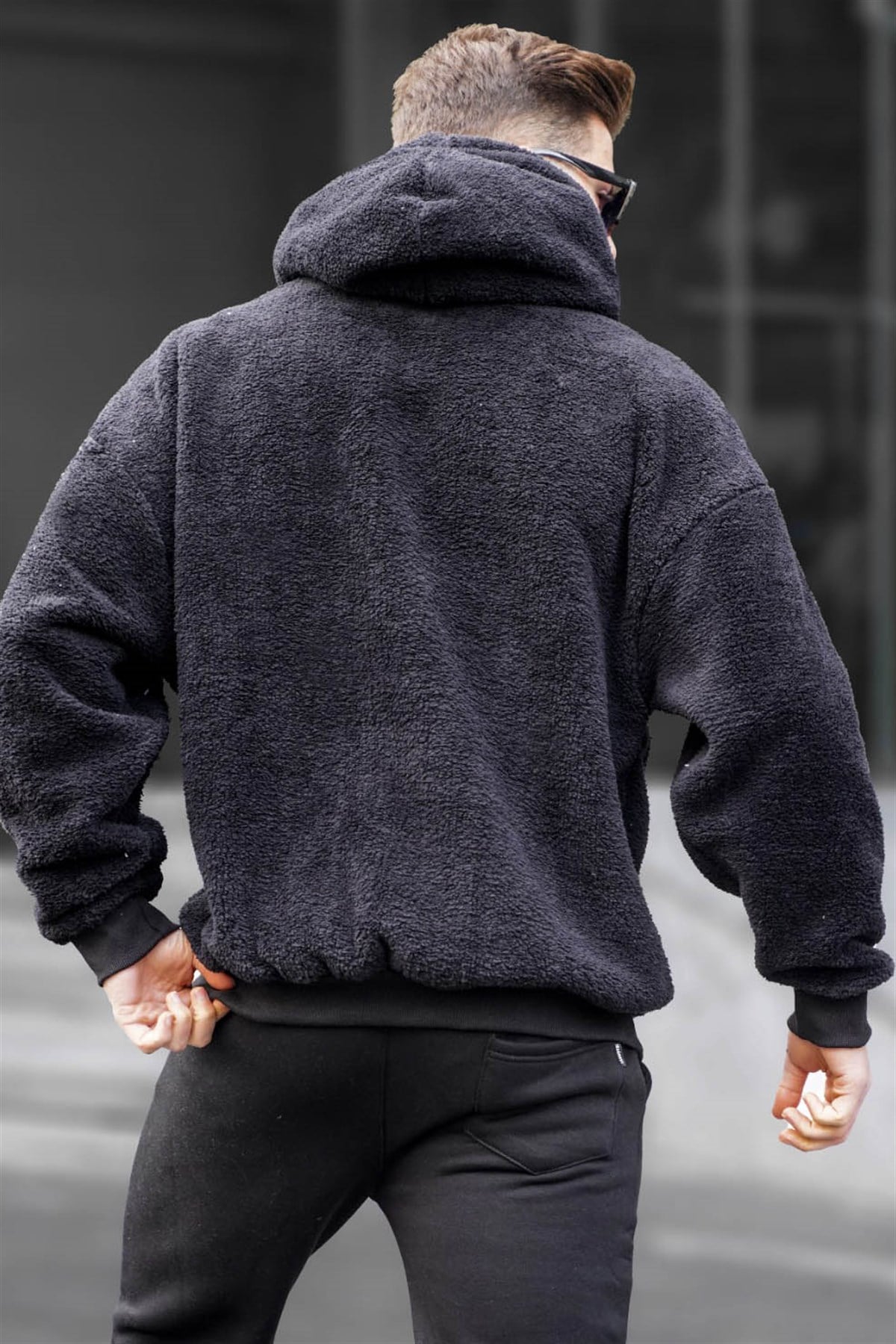 Siyah Peluş Over Fit Kapüşonlu Fermuarlı Erkek Sweatshirt 6049