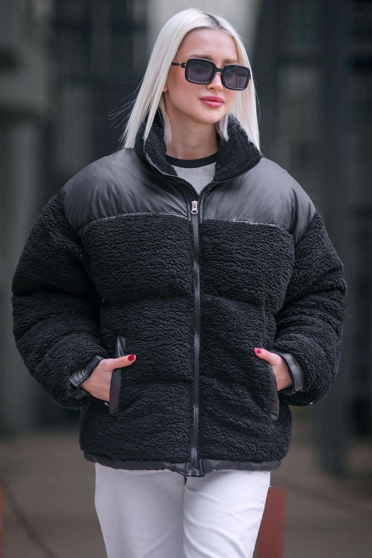 Siyah Peluş Oversize Mont MG1371