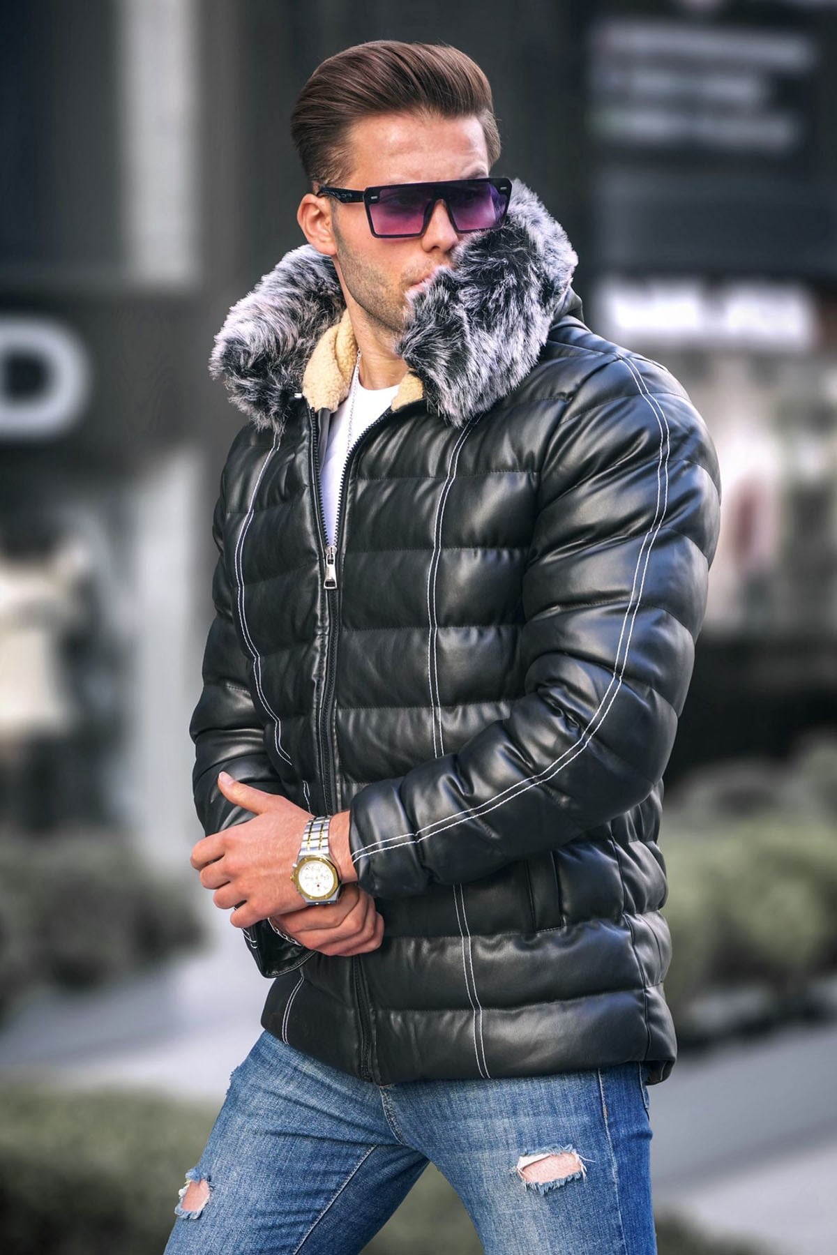 Siyah Suni Deri Şişme Mont 6316