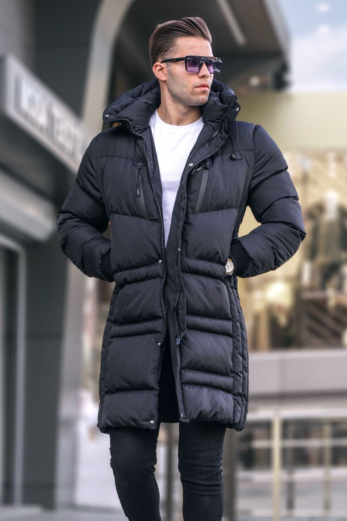 Siyah Uzun Şişme Erkek Mont 6307