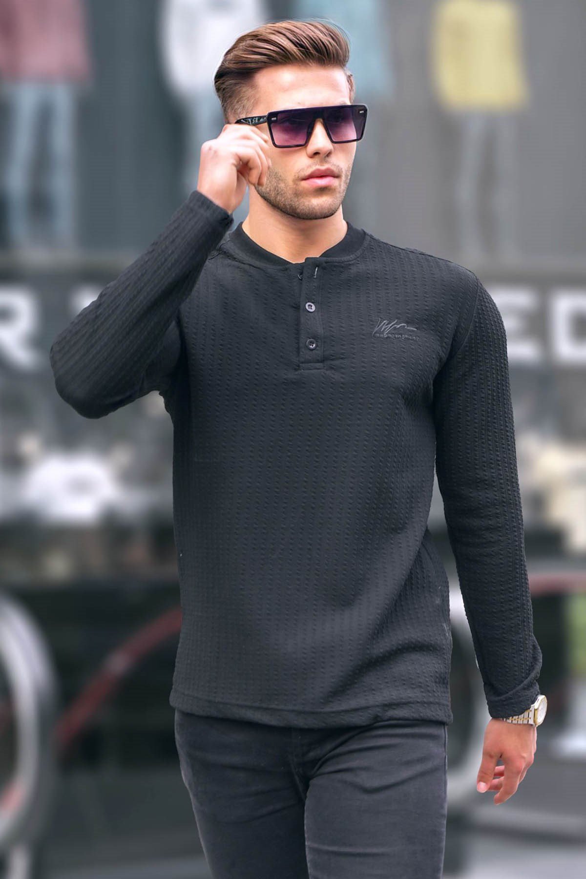 Siyah Waffle Kumaş Basic Kazak 6007