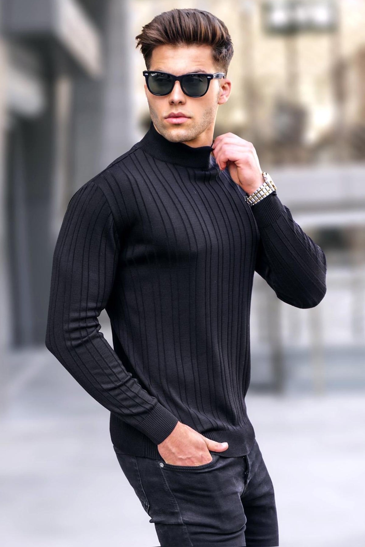 【えみやん13】+CLOTHET Mock Neck Knit ブラック Black Mock Turtleneck Knitwear Sweater -- Madmext