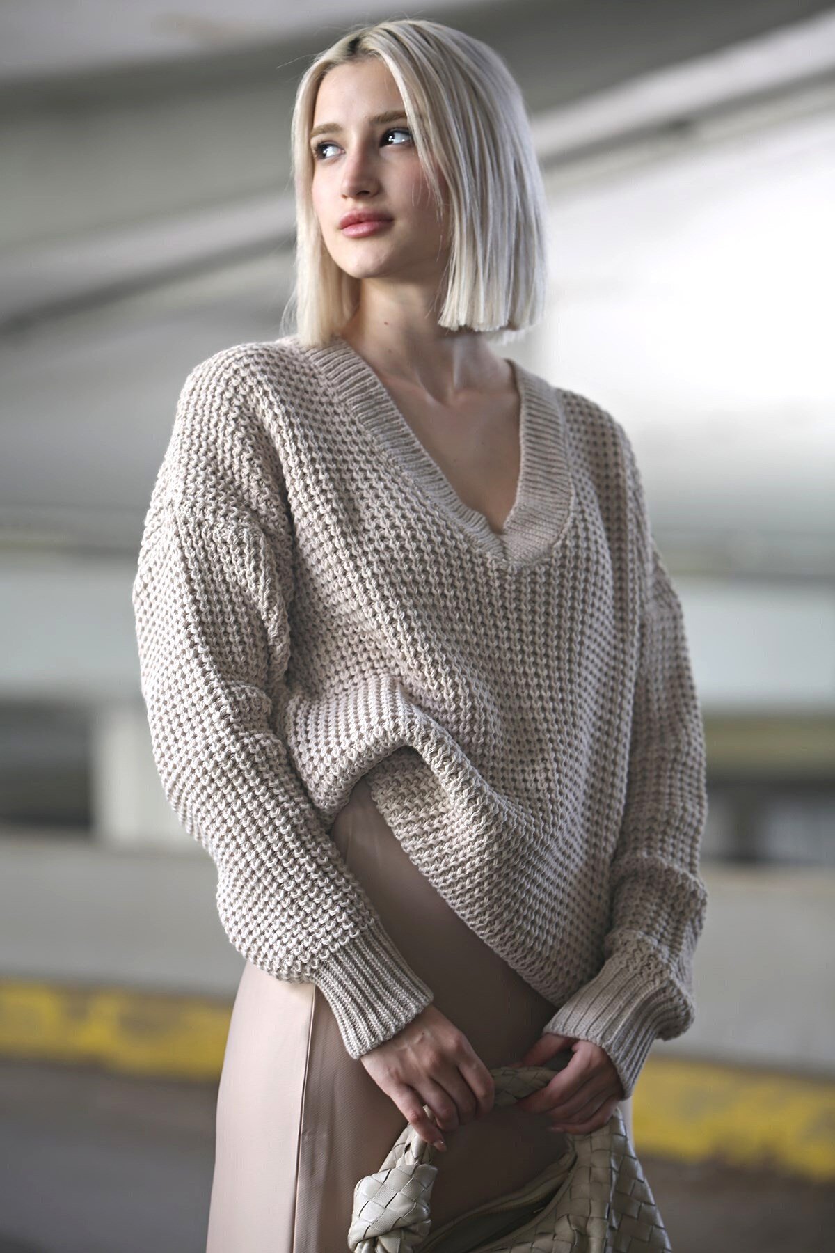 Stone Gray Oversize V Neck Sweater MG1440