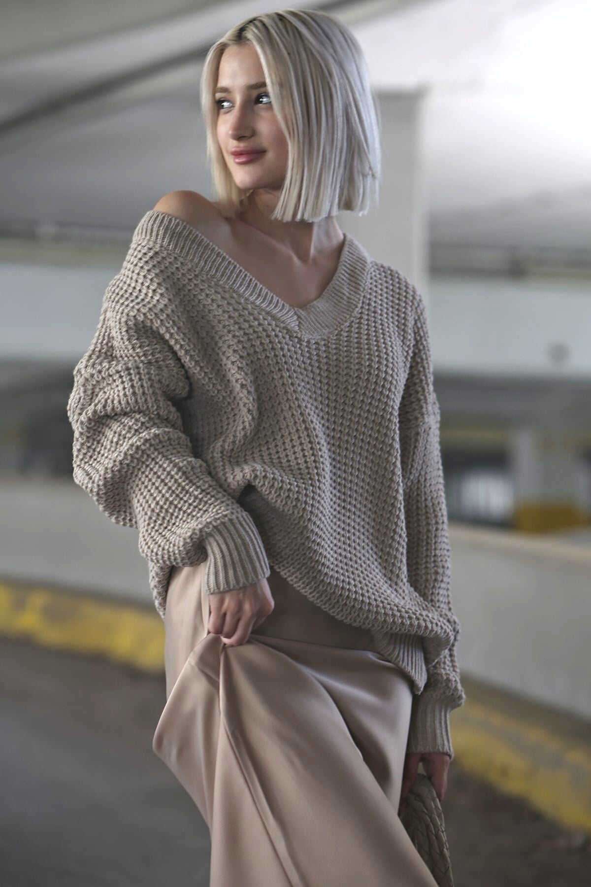 Stone Gray Oversize V Neck Sweater MG1440