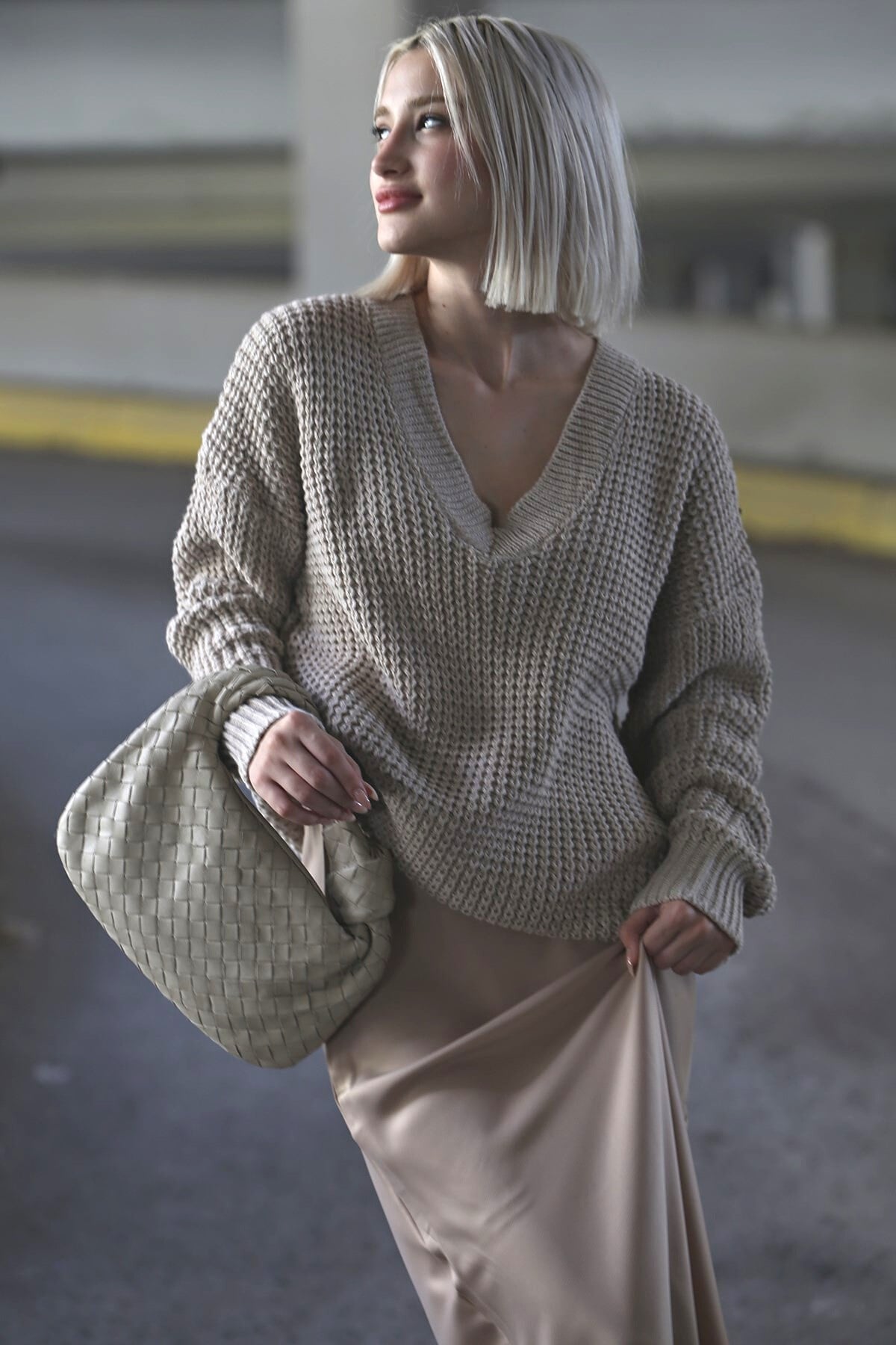 Stone Gray Oversize V Neck Sweater MG1440