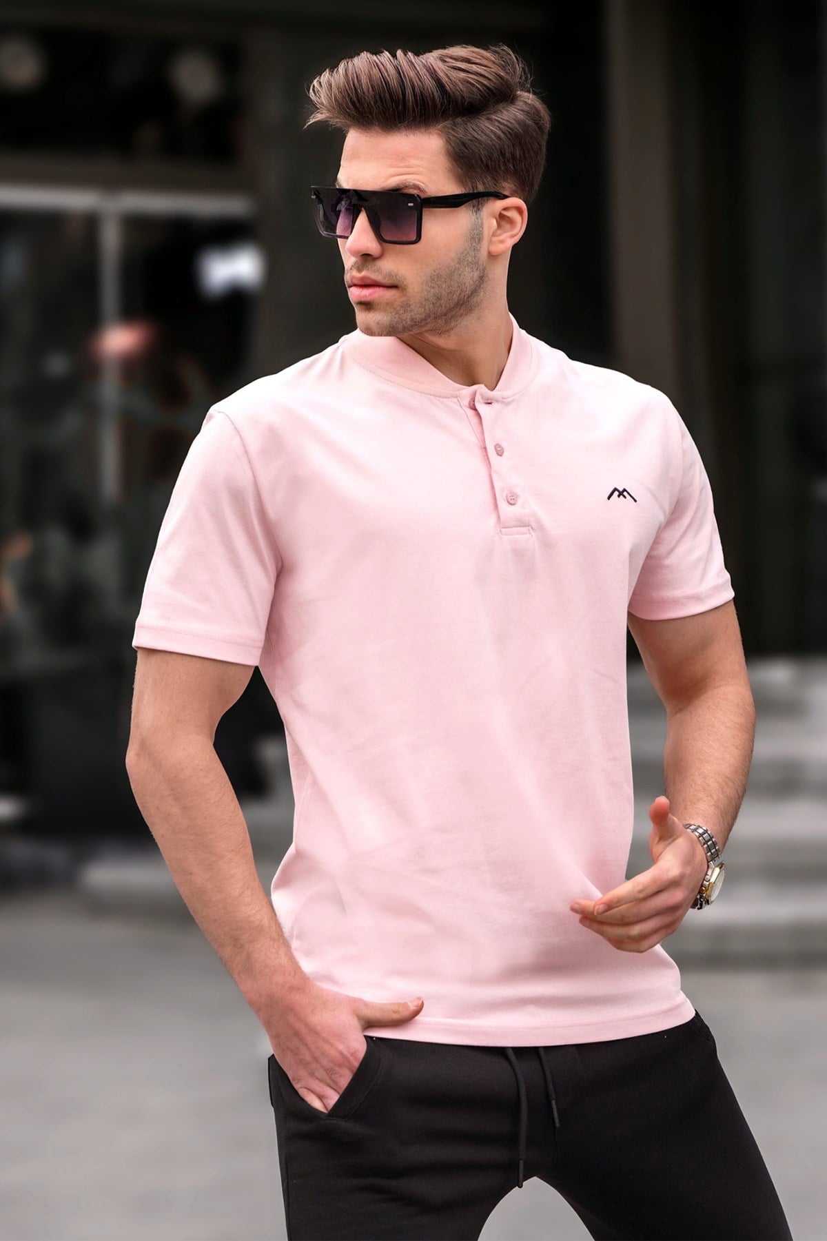 Toz Pembe Rengi Hakim Yaka Erkek Tişört 6067