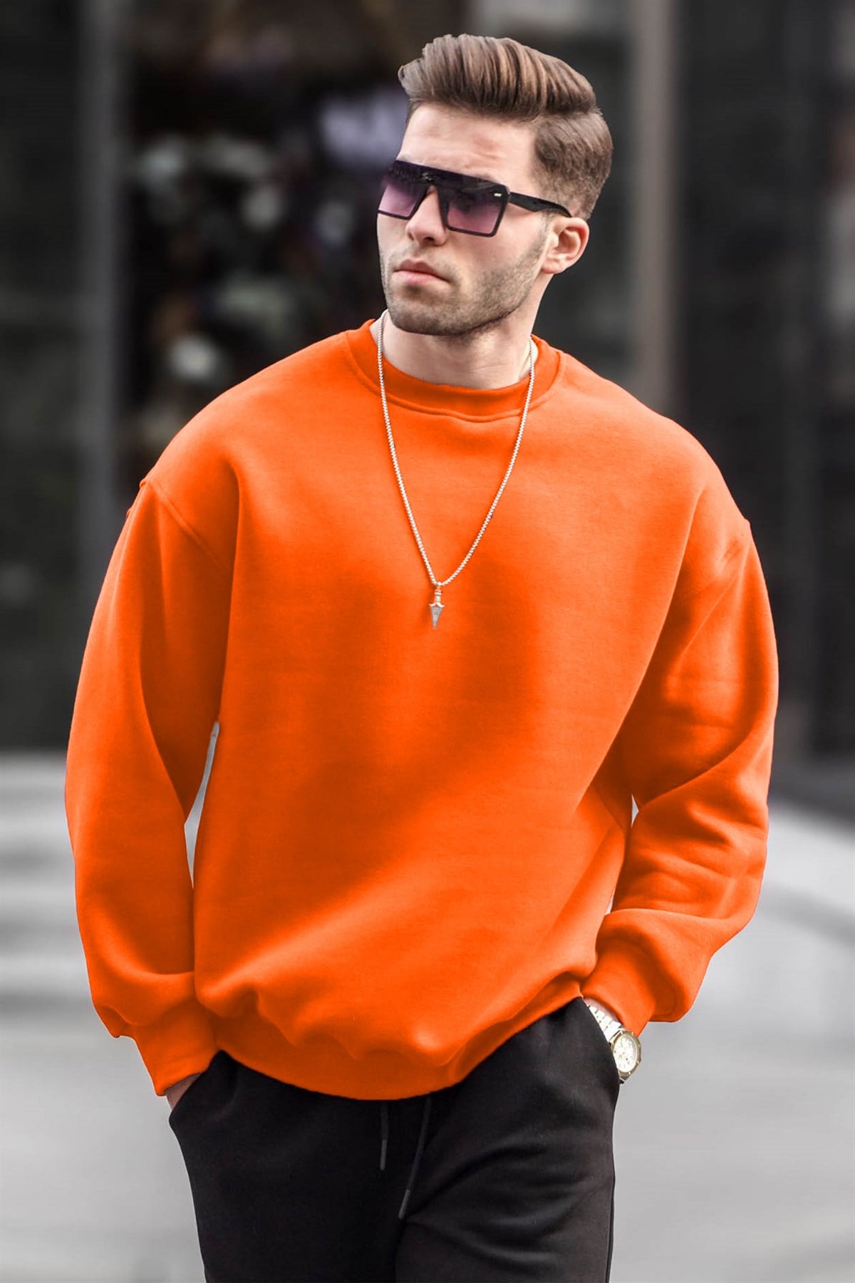 Turuncu Bisiklet Yaka Oversize Şardonlu Basic Erkek Sweatshirt 6048