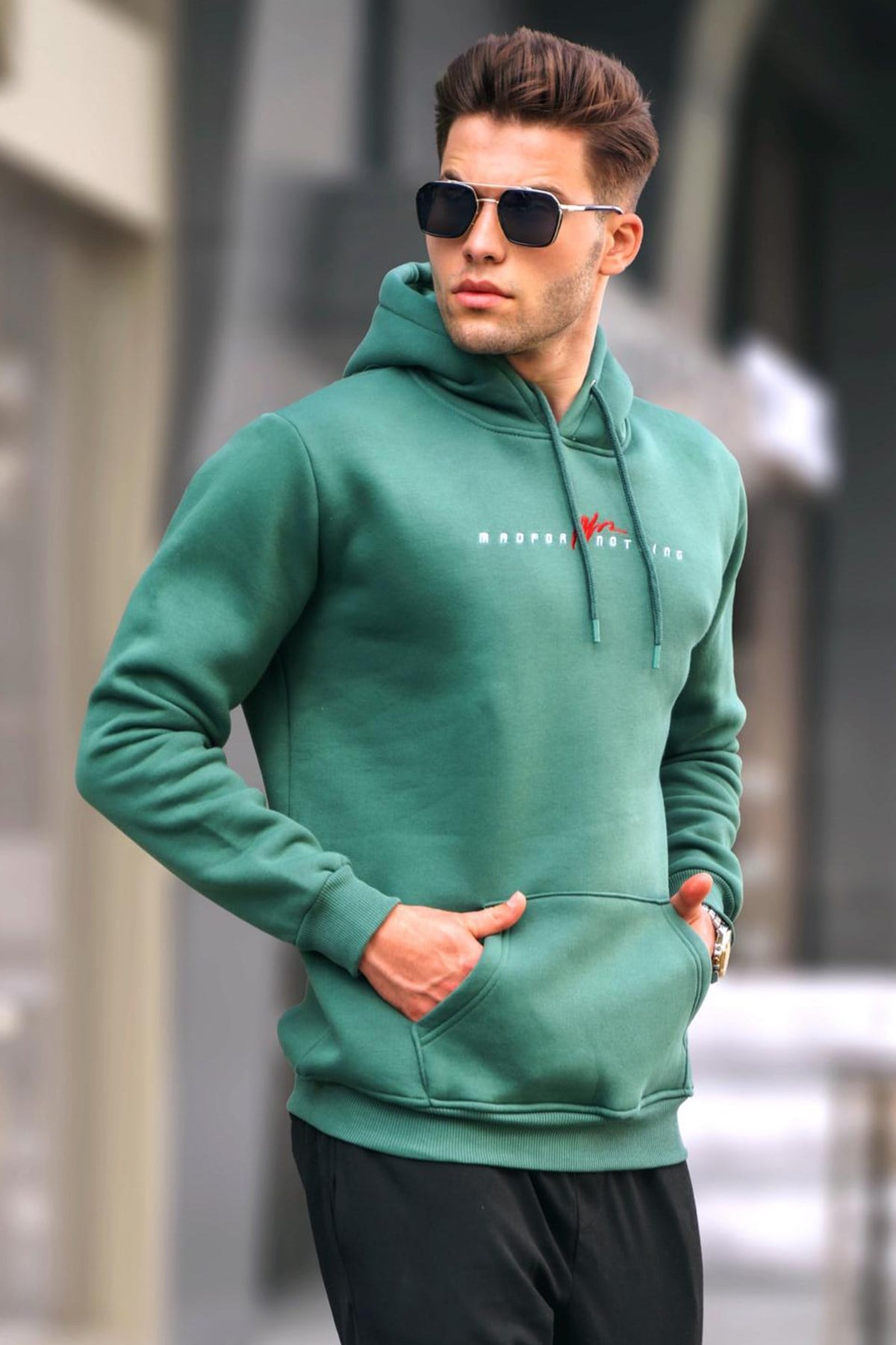 Yeşil Basic Kapüşonlu Sweatshirt 6002