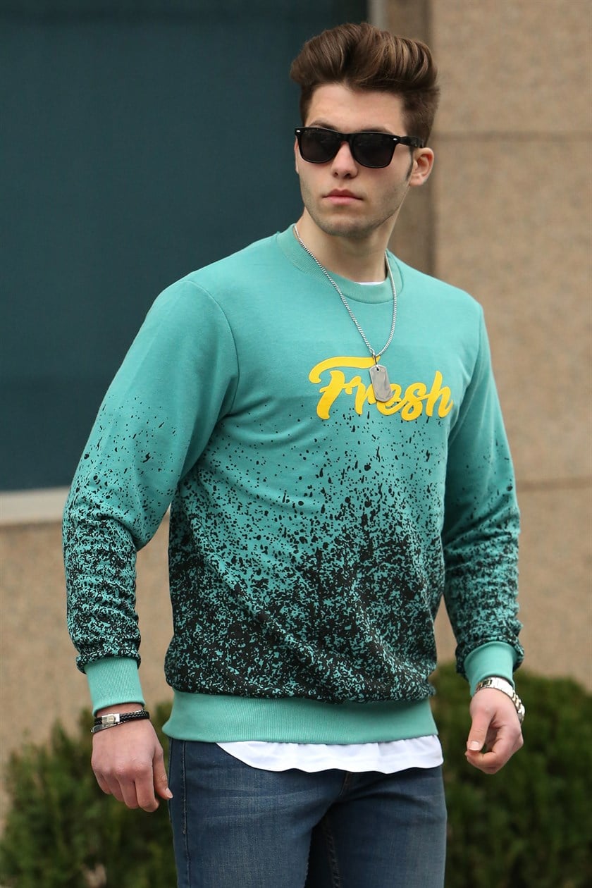 Yeşil Baskılı Bisiklet Yaka Sweatshirt 2791