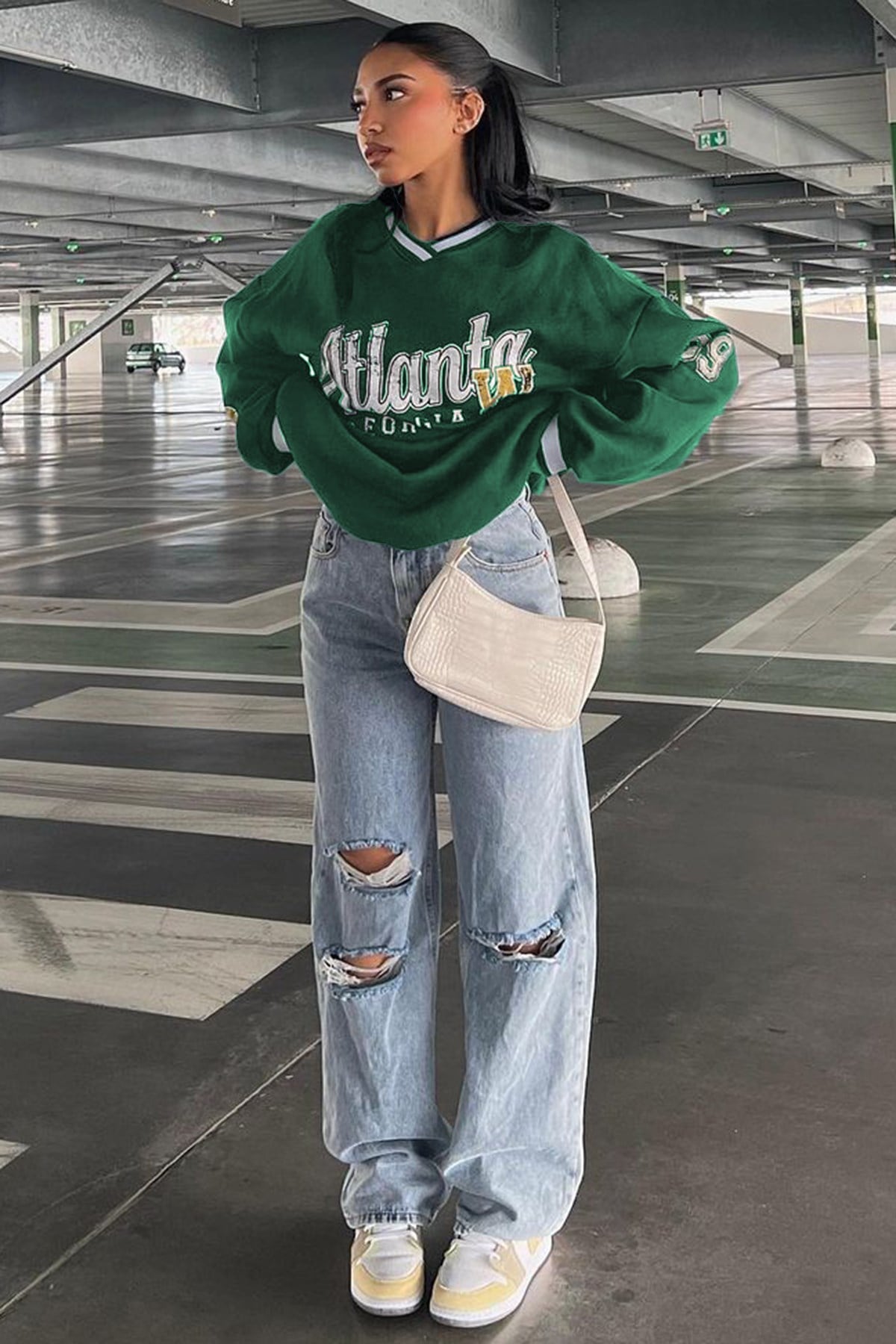 Yeşil Baskılı Ribanalı Sweatshirt MG1576
