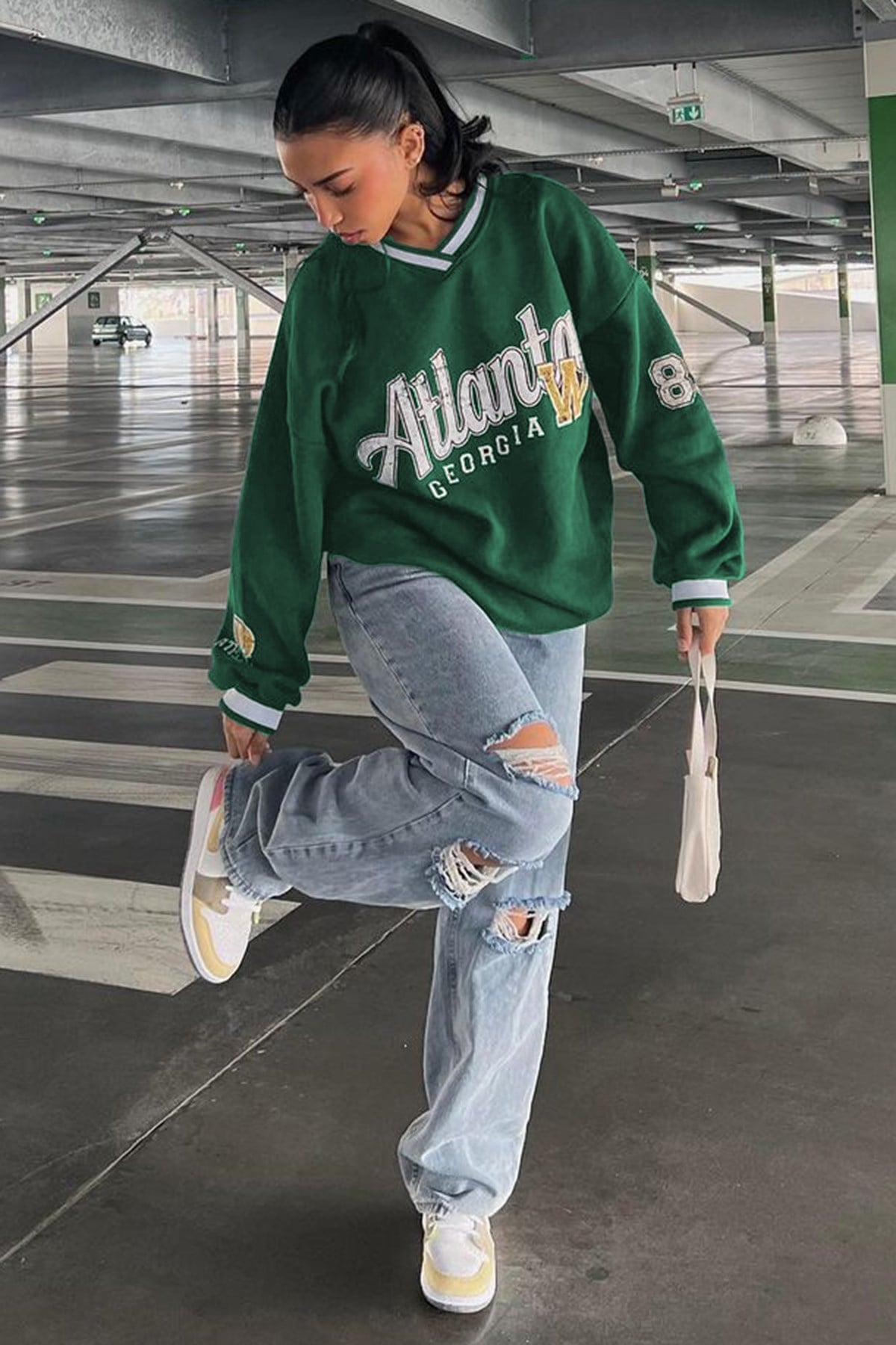 Yeşil Baskılı Ribanalı Sweatshirt MG1576