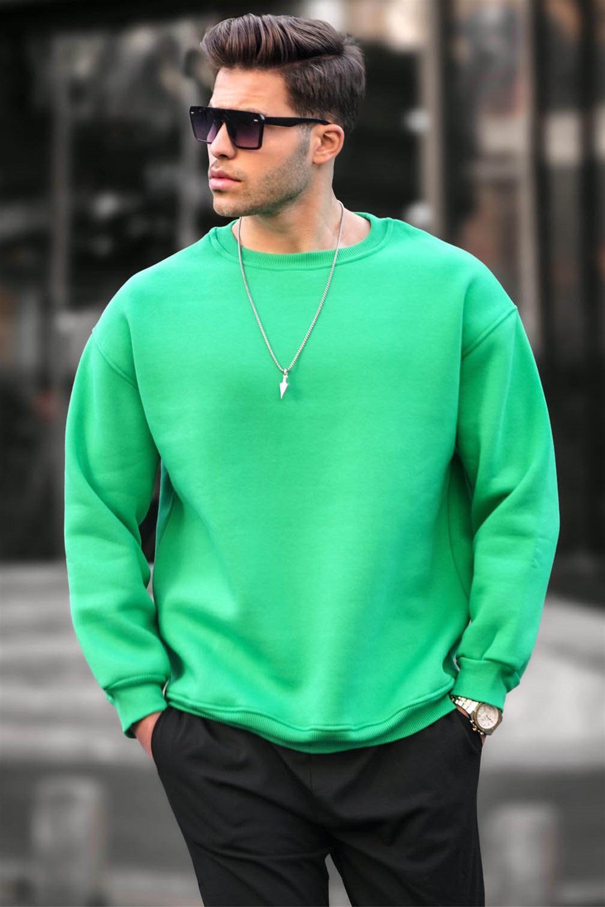 Yeşil Bisiklet Yaka Oversize Şardonlu Basic Erkek Sweatshirt 6048