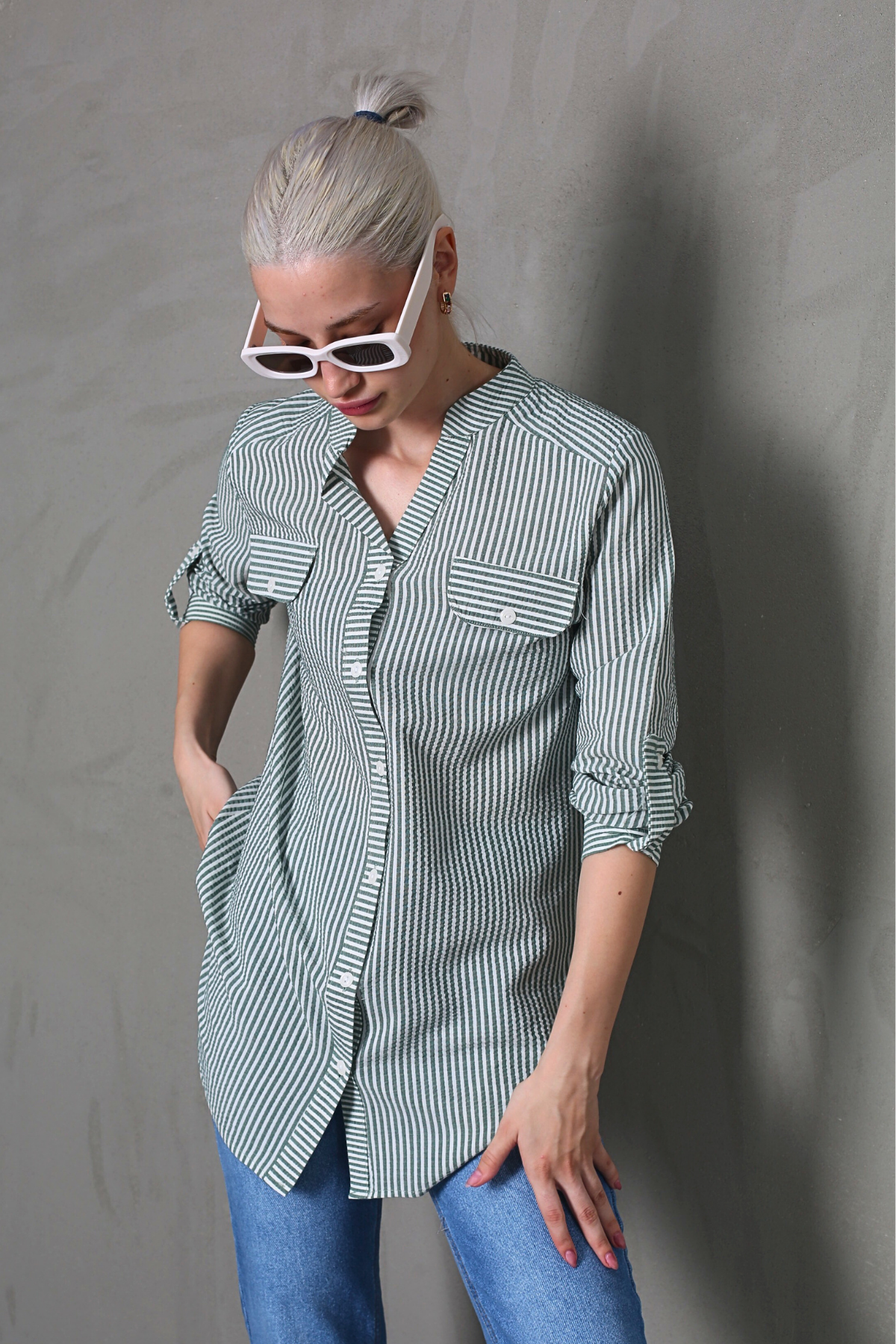 Yeşil Çizgili Gofre Kumaş Oversize Gömlek MG1666
