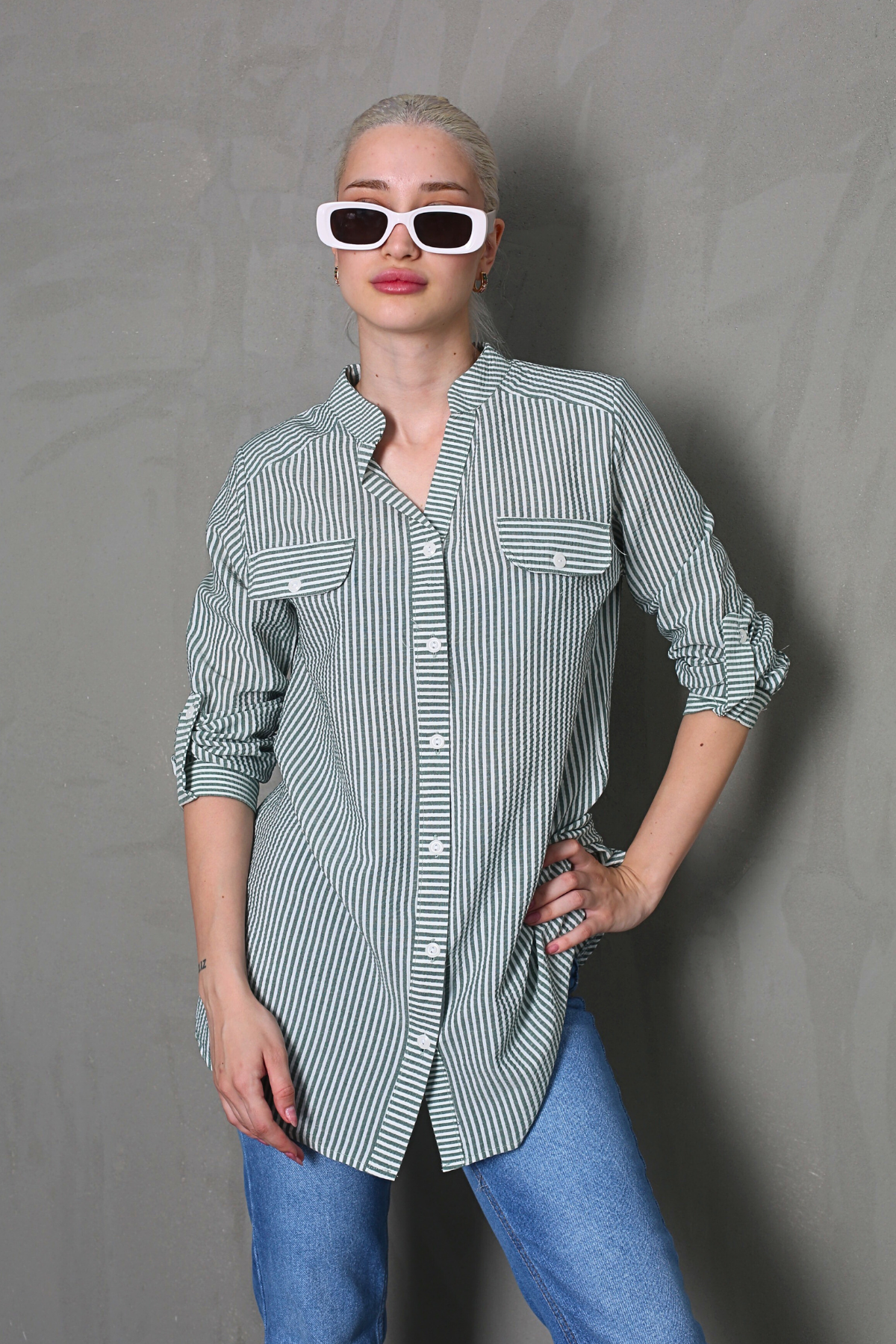 Yeşil Çizgili Gofre Kumaş Oversize Gömlek MG1666