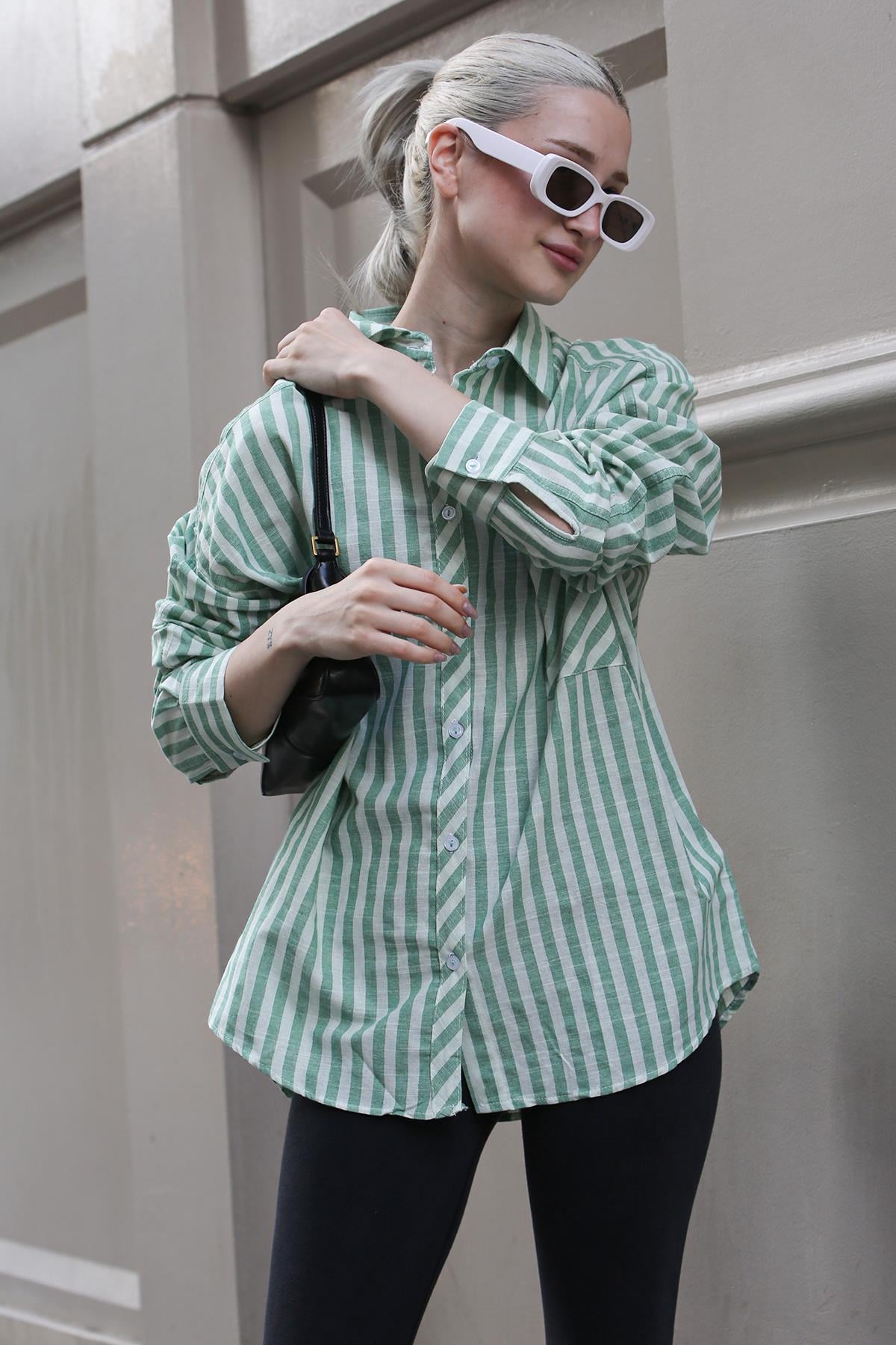 Yeşil Çizgili Oversize Kadın Gömlek MG1729