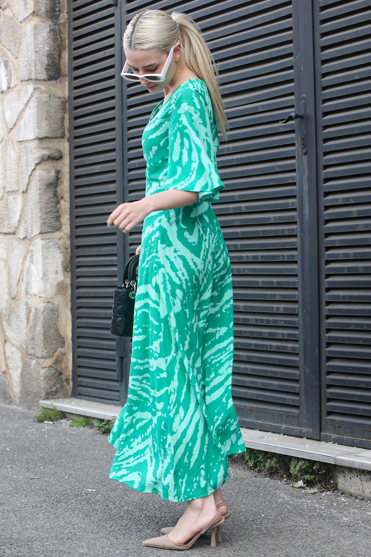 Yeşil Desenli V Yaka Midi Elbise MG1797