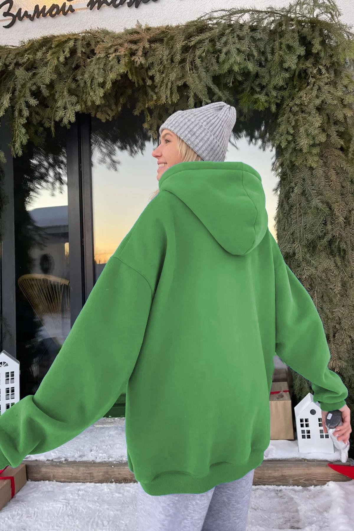Yeşil Kapüşonlu Şardonlu Oversize Sweatshirt MG1566